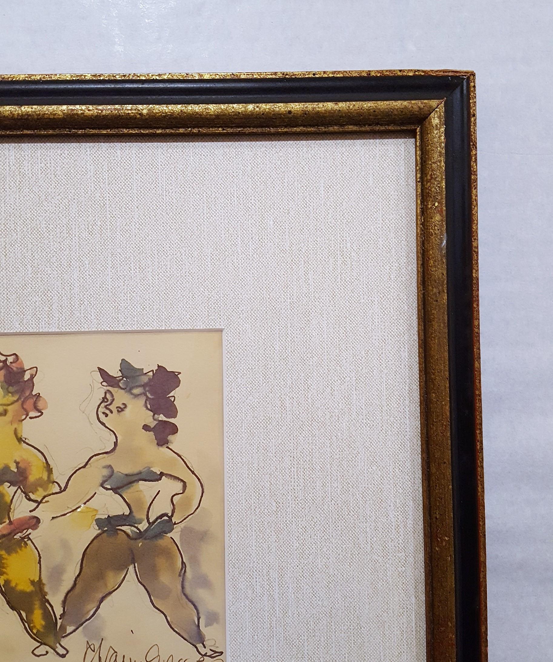 Seven Dancing Acrobats /// Modern Art Chaim Gross Watercolor Figurative Drawing 3