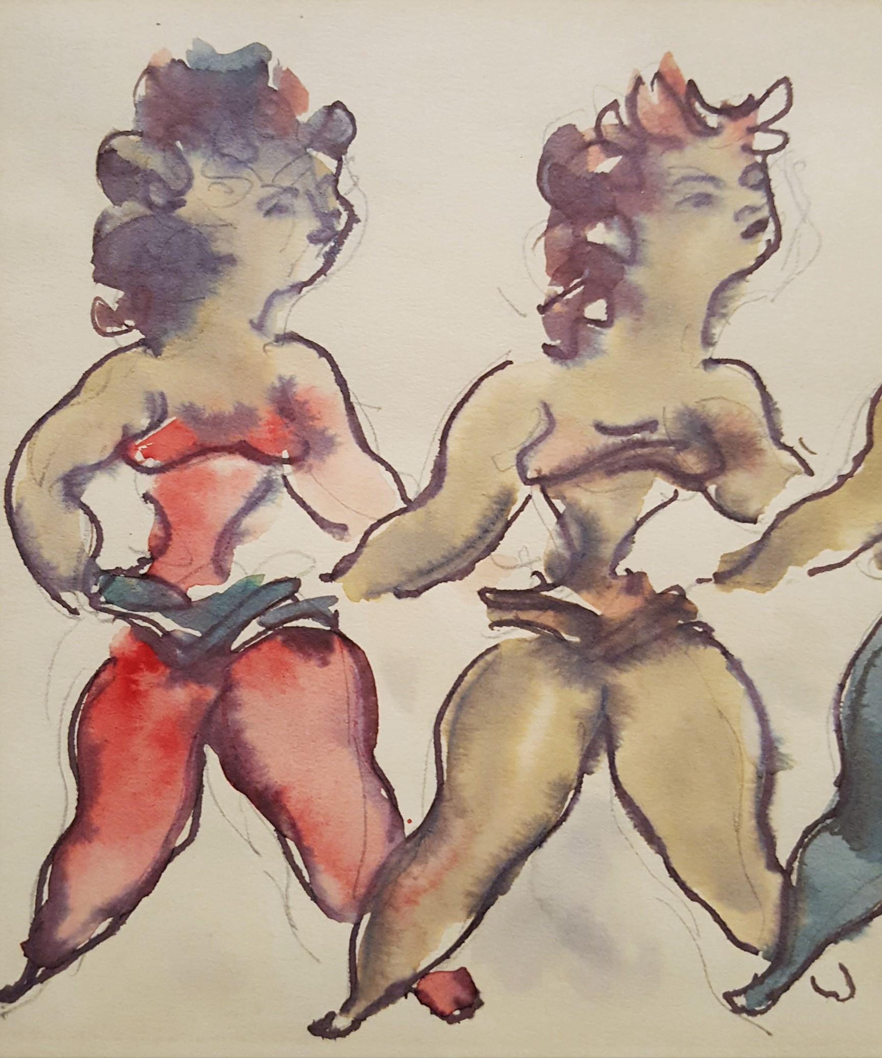 Seven Dancing Acrobats /// Modern Art Chaim Gross Watercolor Figurative Drawing 7