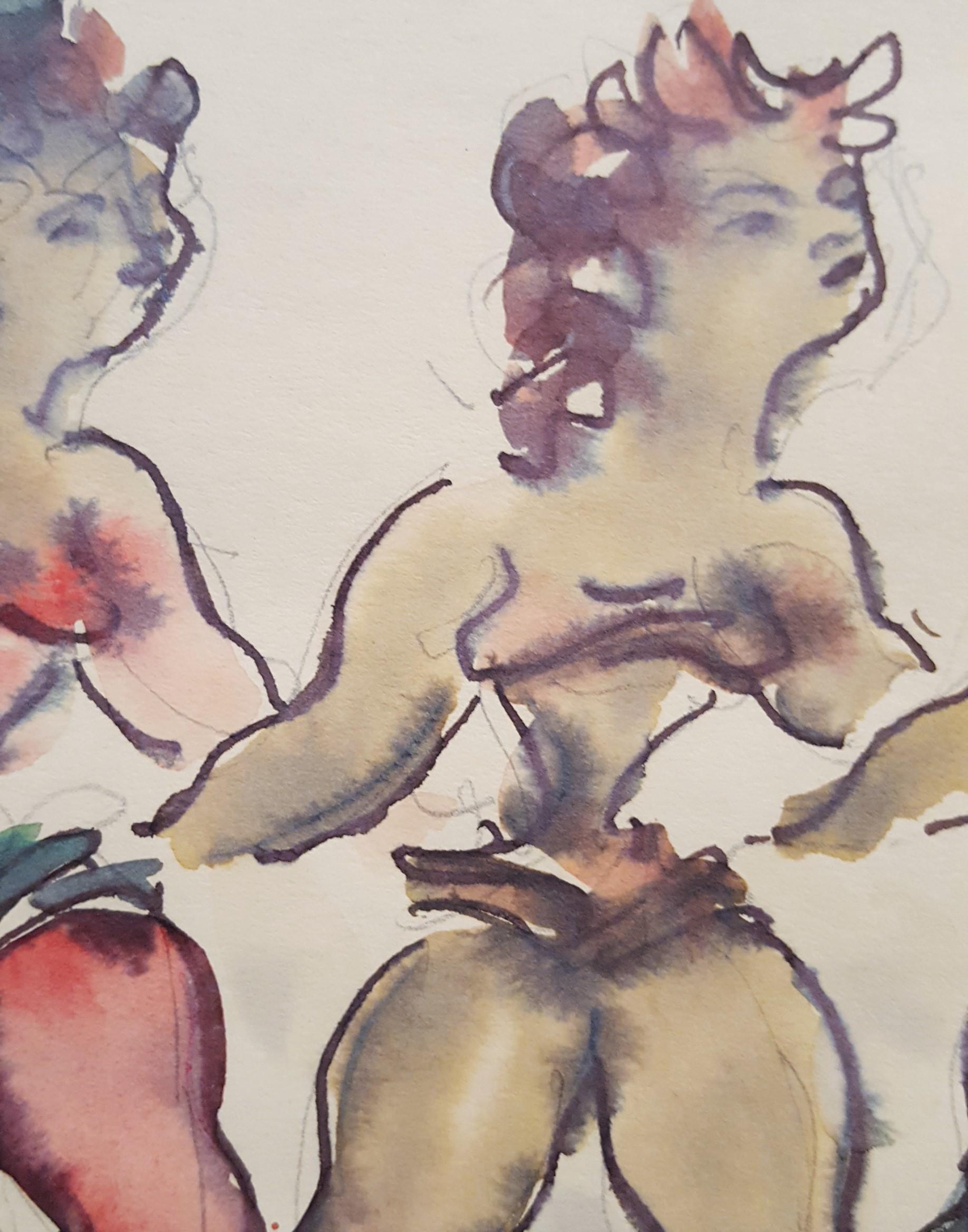 Seven Dancing Acrobats /// Modern Art Chaim Gross Watercolor Figurative Drawing 8