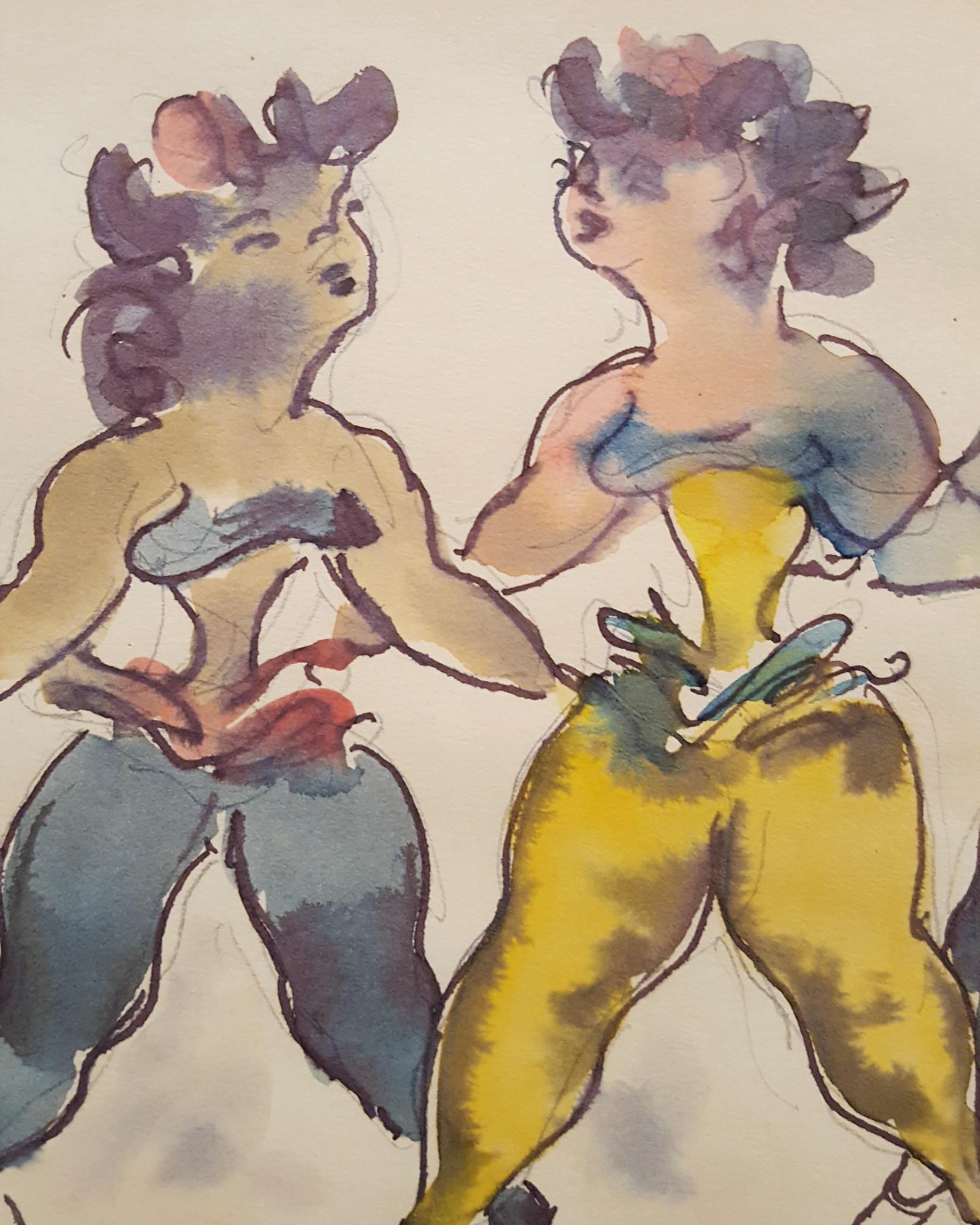 Seven Dancing Acrobats /// Modern Art Chaim Gross Watercolor Figurative Drawing 9
