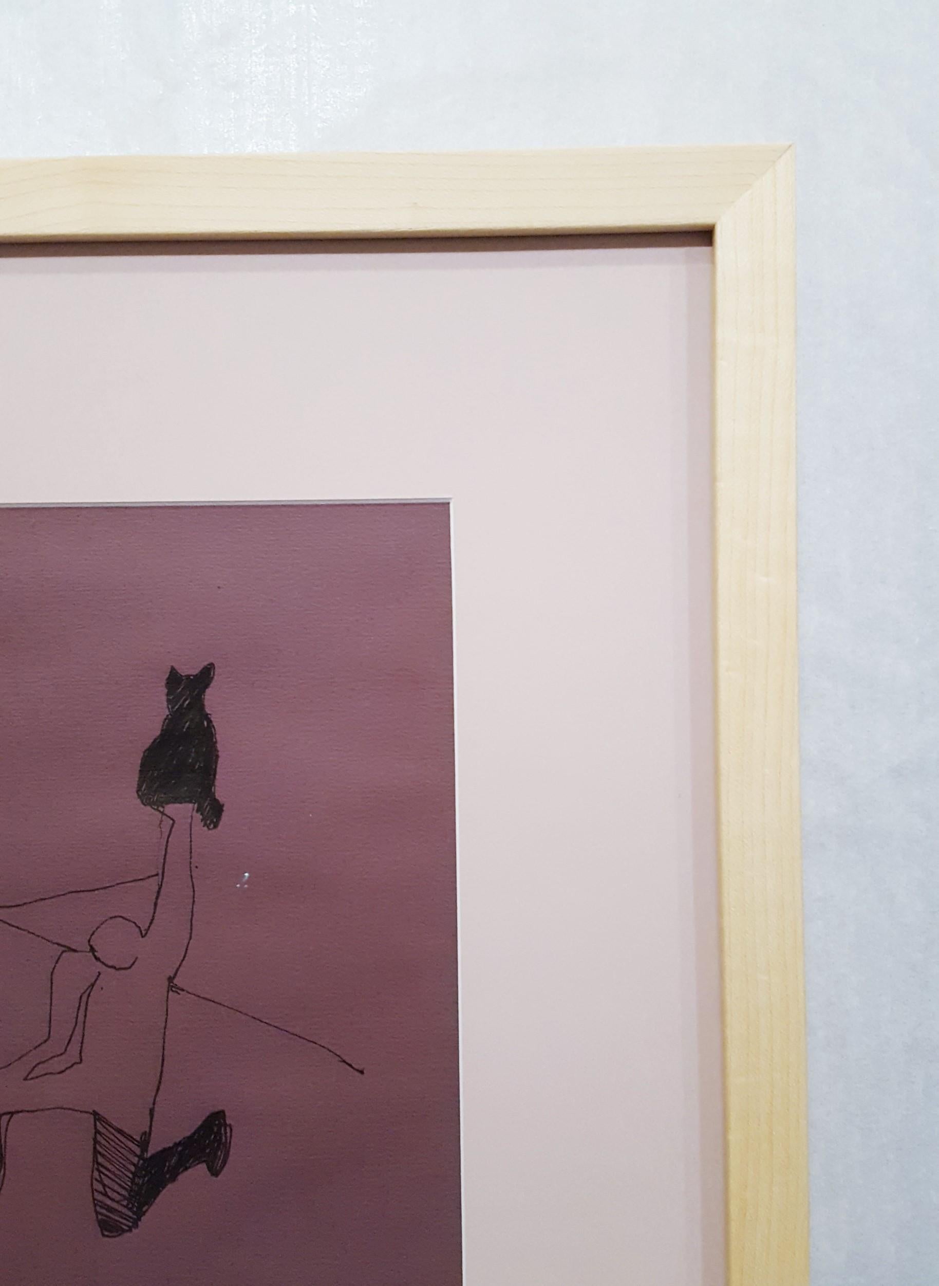 An original pen and ink drawing on purple wove paper by Native American artist Fritz Scholder (1937-2005) titled 
