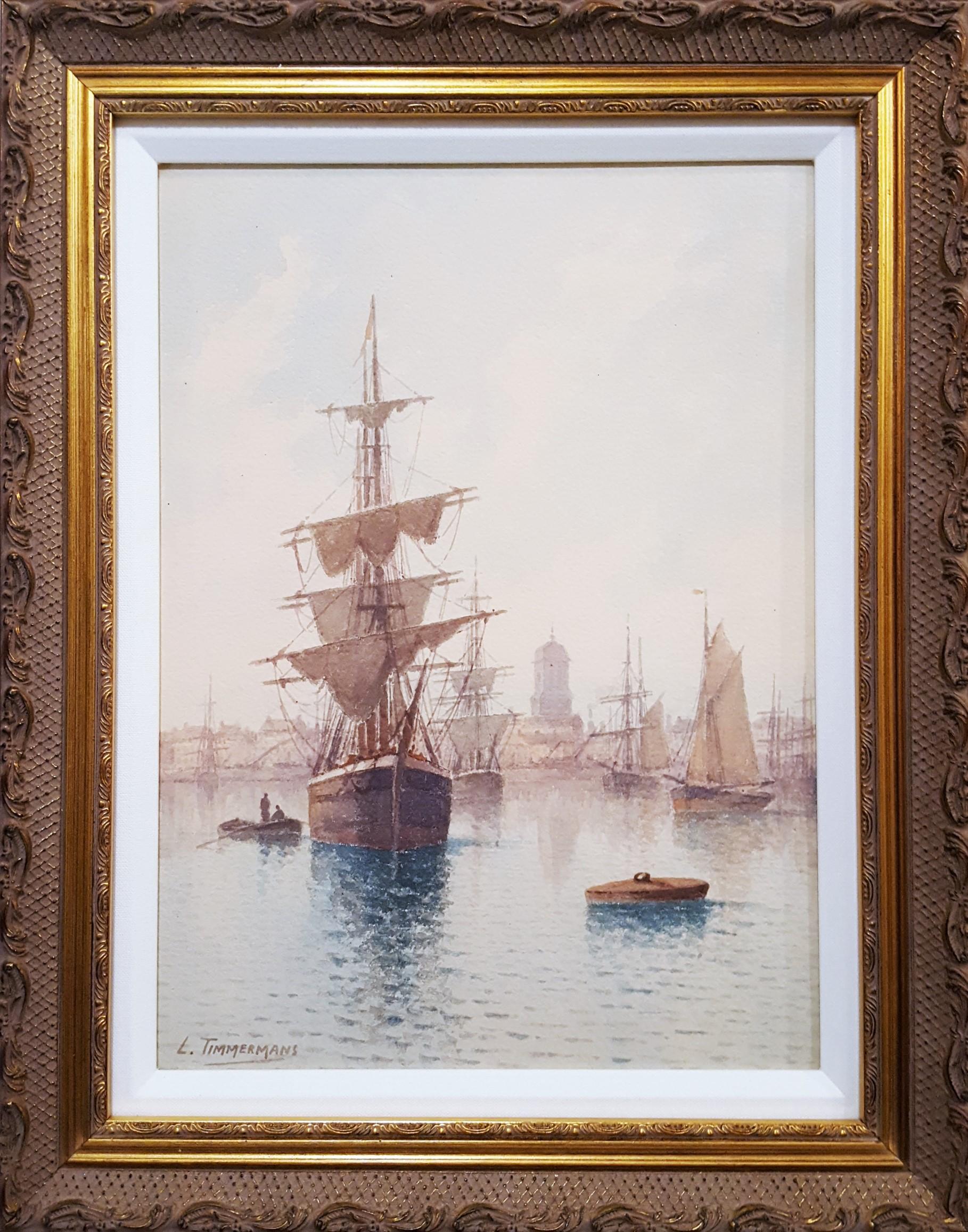 Voiliers à Quai (Sailboats at the Dock) /// Maritime Seascape Ship Watercolor - Art by Louis Étienne Timmermans