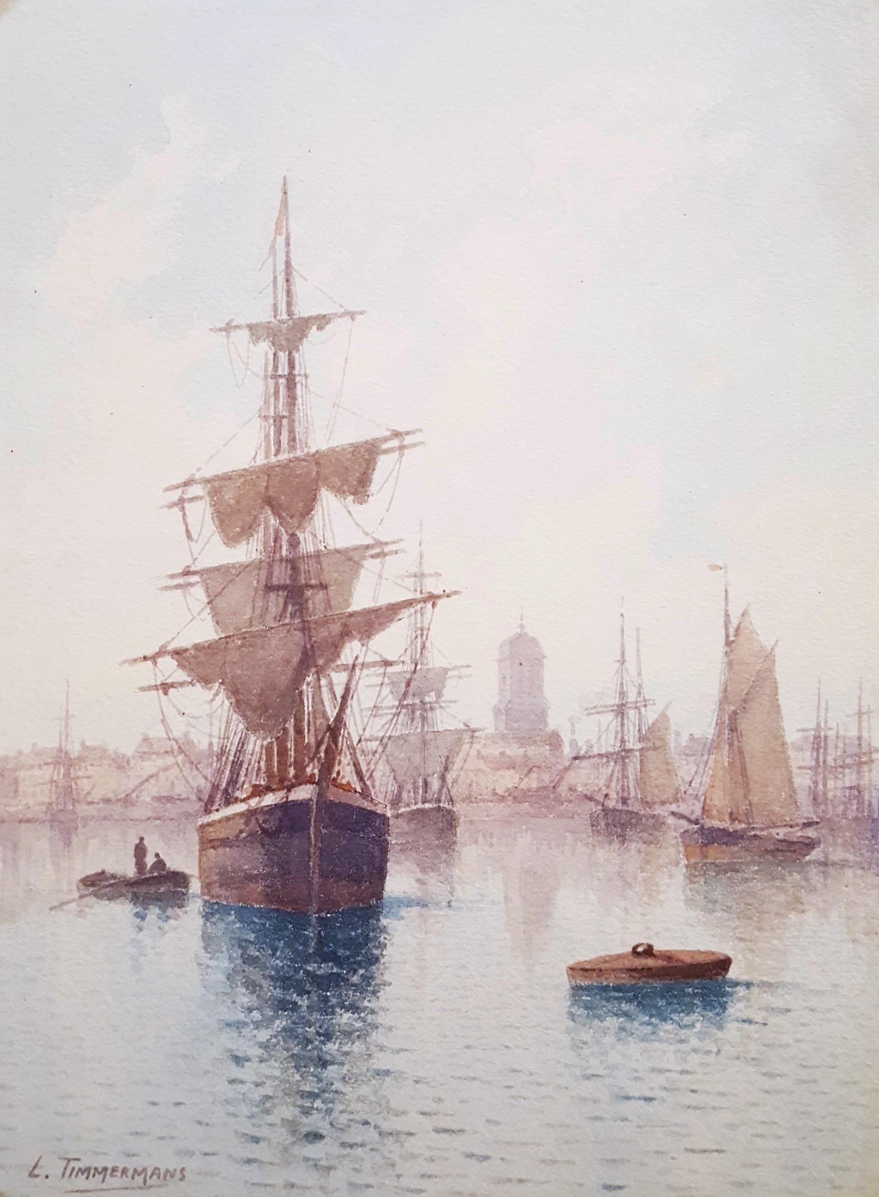 Louis Étienne Timmermans Landscape Art - Voiliers à Quai (Sailboats at the Dock) /// Maritime Seascape Ship Watercolor