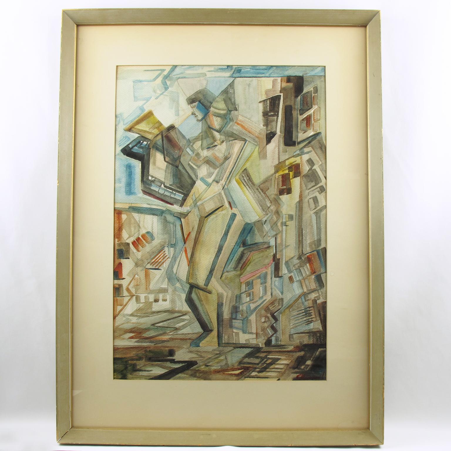 American Modernist Nude Female Cubist Watercolor Painting 4