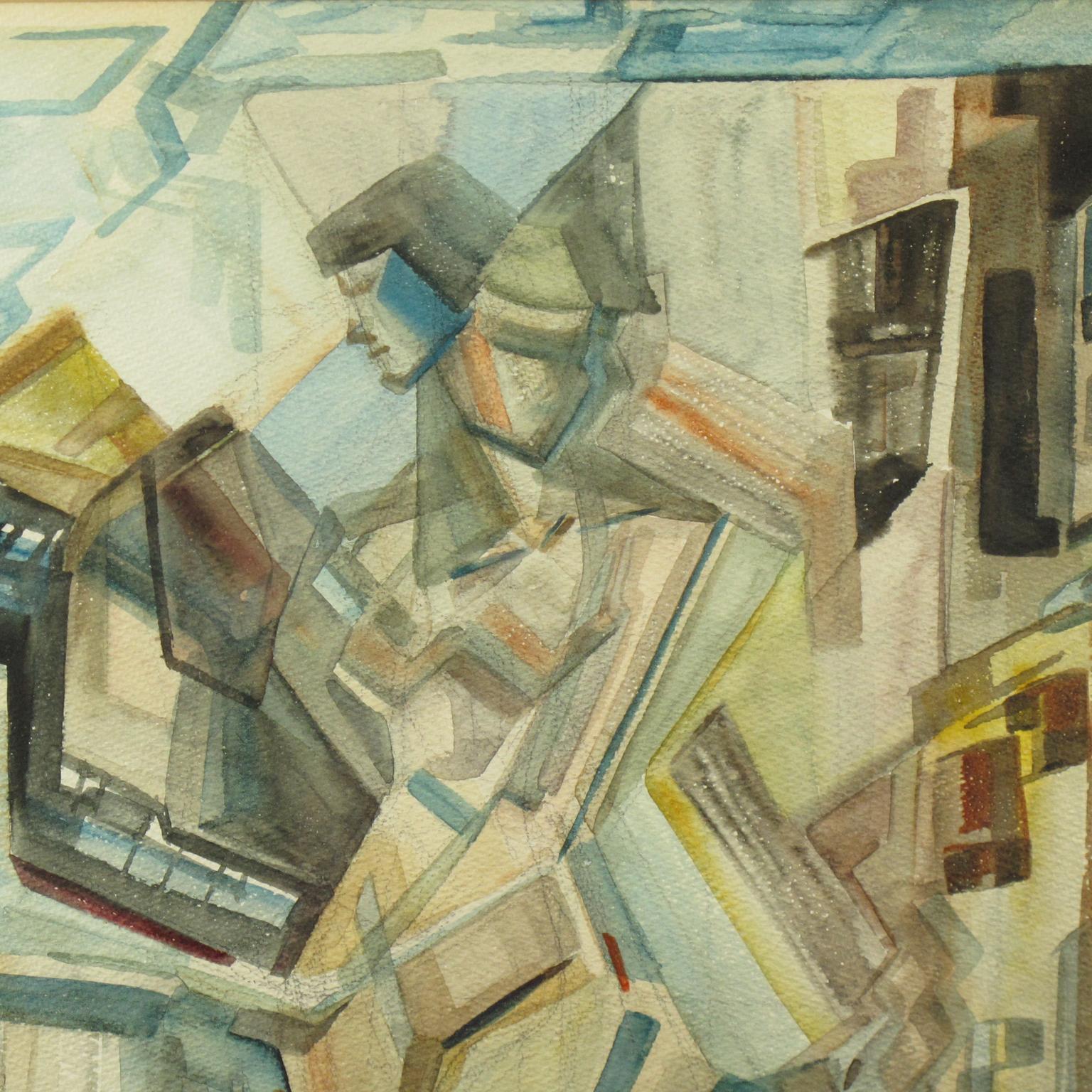 Interesting modernist painting by C.R. Gabriel. Fantastic watercolor on paper with cubist influence, featuring a nude female. Signed bottom right corner C.R. Gabriel.
Originally framed in a gray or gilt frame with off-white paper