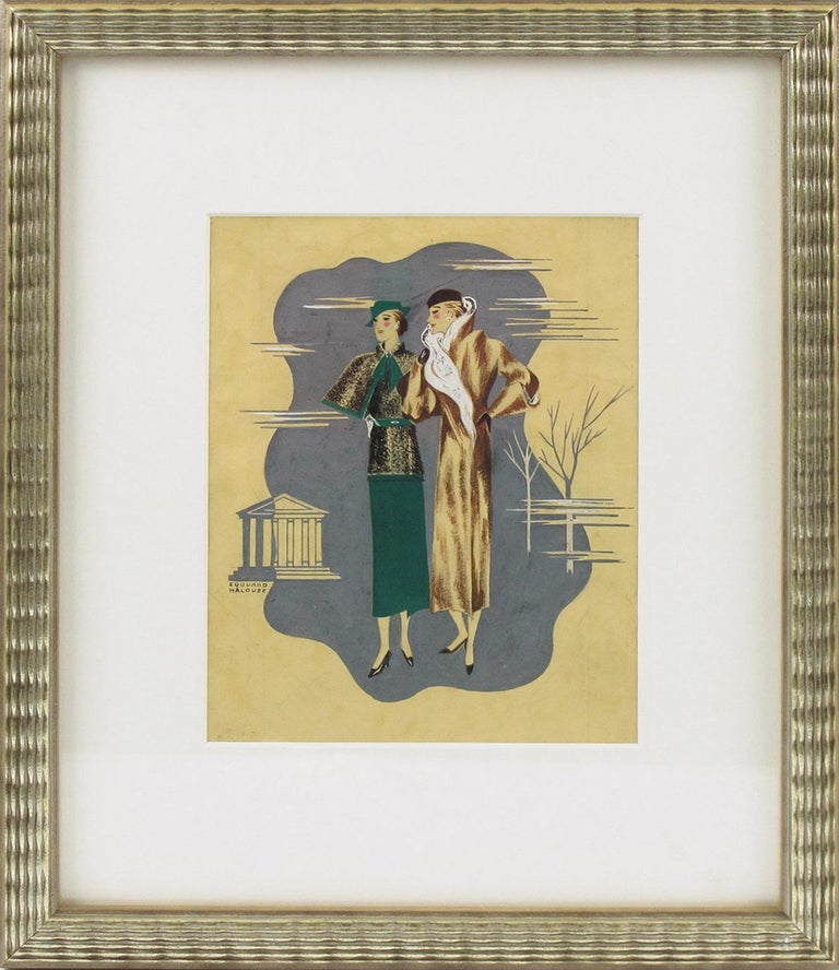 French Art Deco original illustration drawing, hand-painted with India ink and gouache on paper by Edouard Halouze. Featuring two stylish female models with an elegant outfits. Signed Edouard Halouze on the left bottom corner. 
This image was