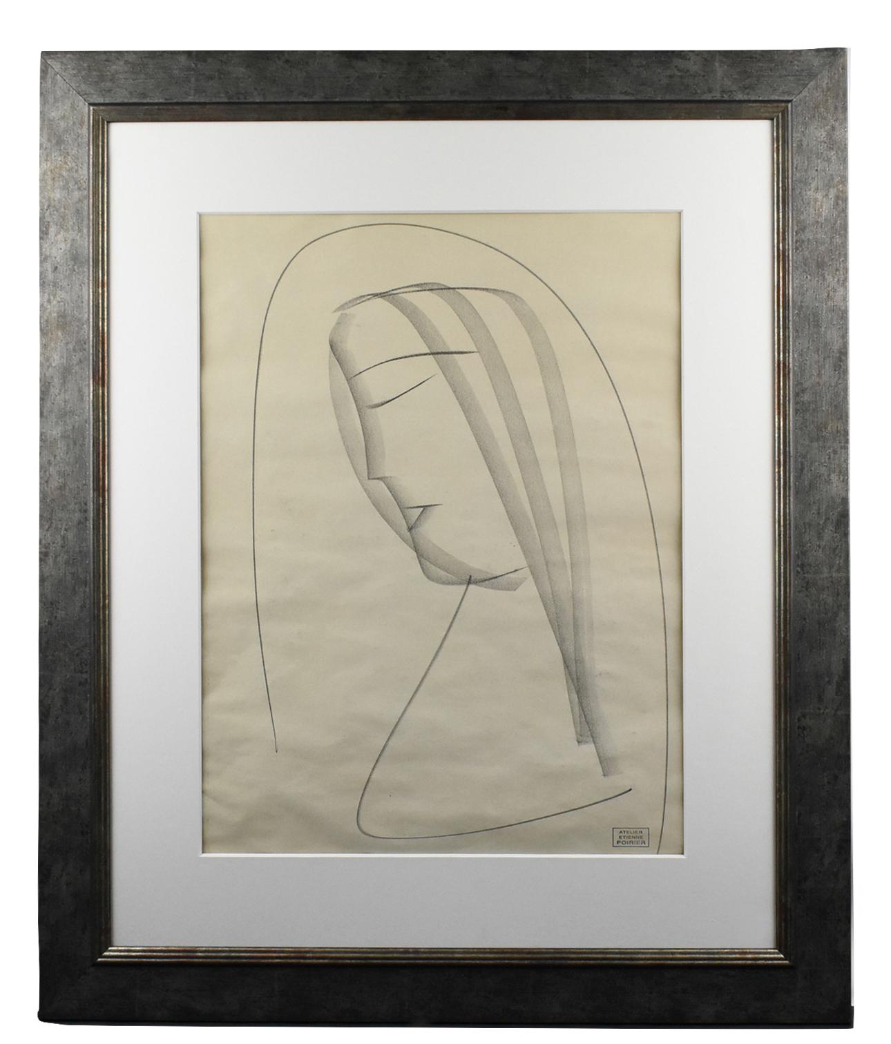 Stunning charcoal drawing by French artist Etienne Poirier (1919-2002). This work is a charcoal on paper composition depicting a nun portrait. A minimalist composition where only a few lines create the portrait which gives lots of intensity and