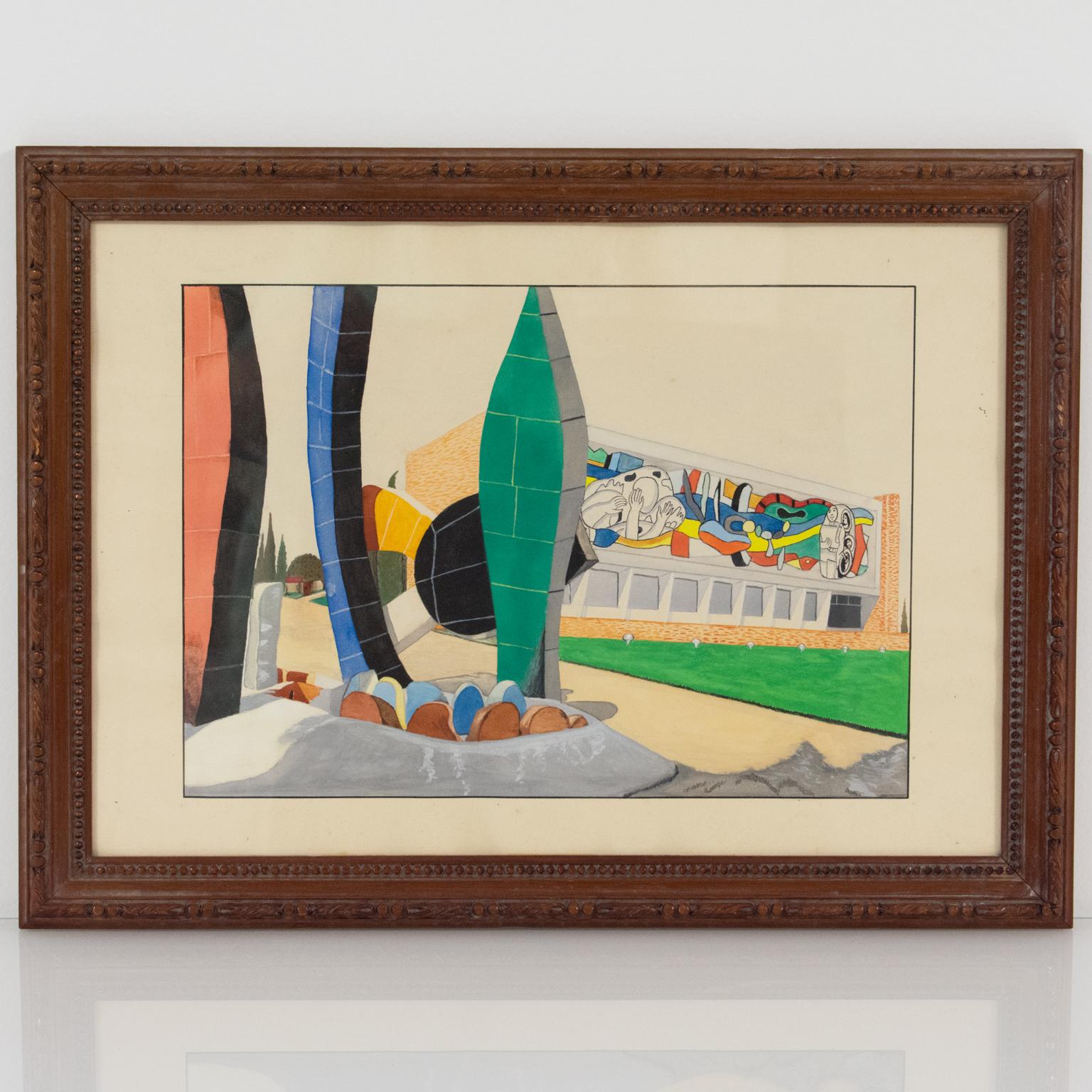 This gouache on paper features the Fernand Leger Museum in France with its unique large tile mosaic on the front of the building. There is no signature, only a gallery stamp at the back that read: P. Marquet - 25/27 rue de la Gare - Limoux, Aude.
It