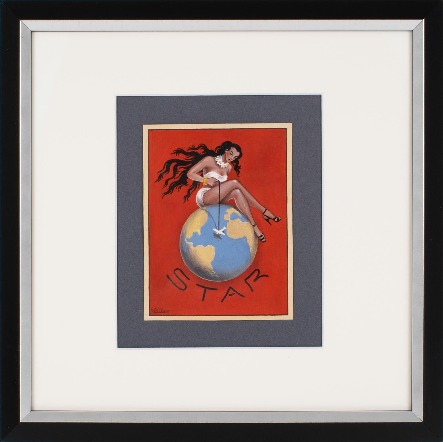 This is an original Post-war illustration drawing, hand-painted with gouache on Arches Velum paper by French artist C. Villars (France - 20th Century). The poster project features a young woman in a bikini swimsuit sitting on a globe. She holds in