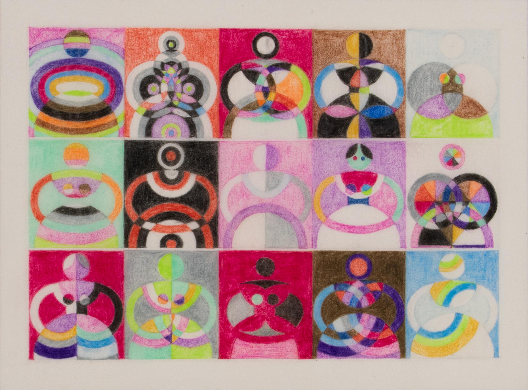 Surrealistische, geometrische, farbige Zeichnungen auf Zeichnungspapier, Frankreich 1960er Jahre im Angebot 3