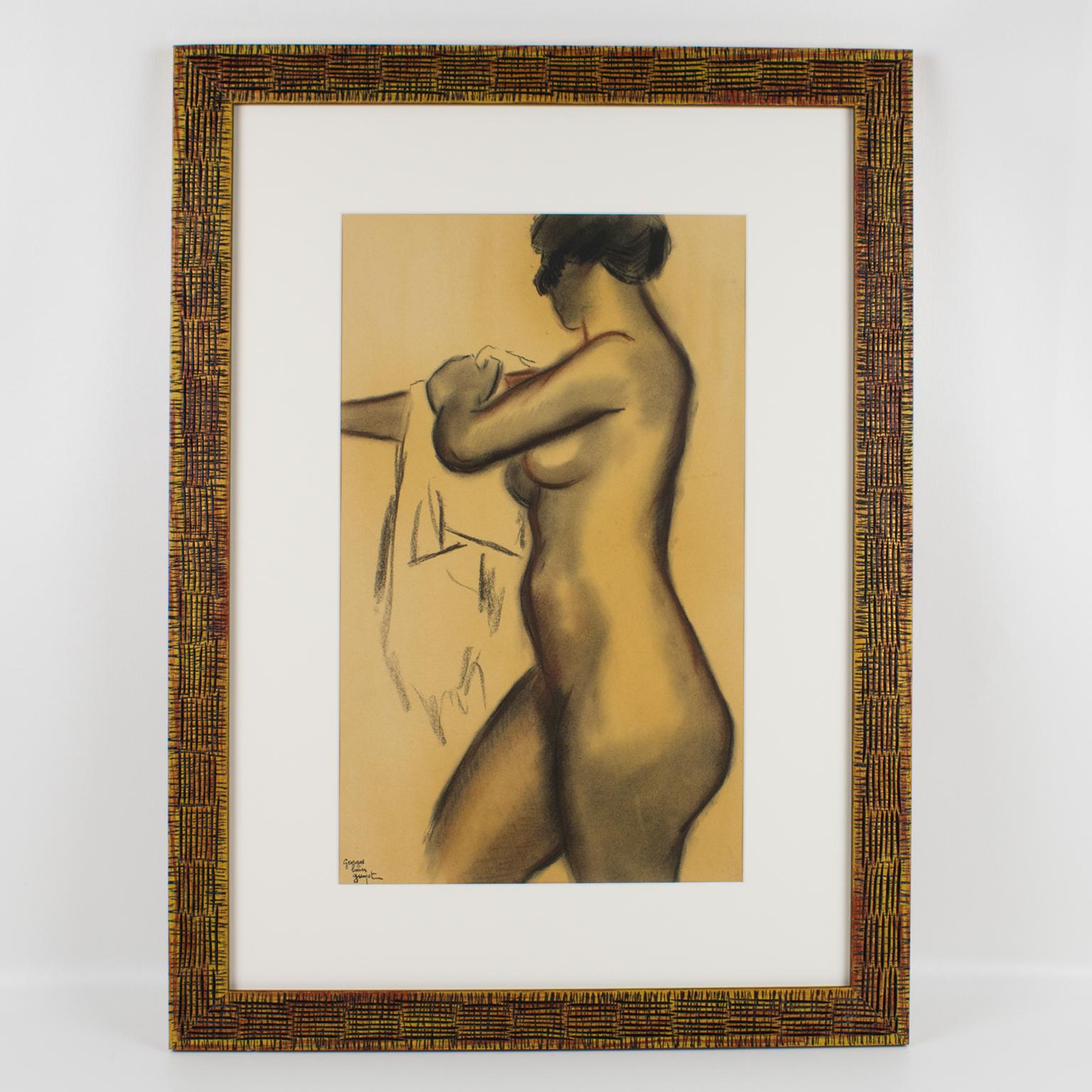 French artist Georges Lucien Guyot (1885 - 1972) signed this charming woman nude study.
This painting features a lovely design of a woman getting out of the bath and wiping with a towel. Only a few lines in charcoal and red chalk or sanguine mark