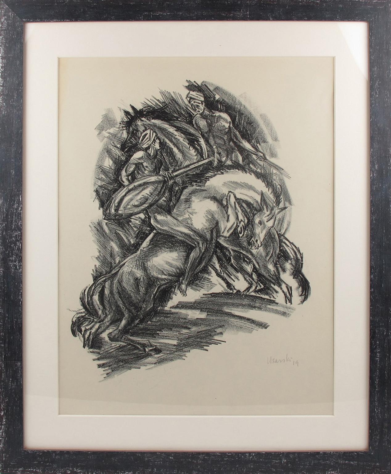 German Artist Adolf Uzarski (1885 - 1970) designed this stunning charcoal drawing lithograph print on paper, depicting two riders in a wild dance or fight. This drawing is part of a set of five lithographs made to illustrate scenes from the 14th