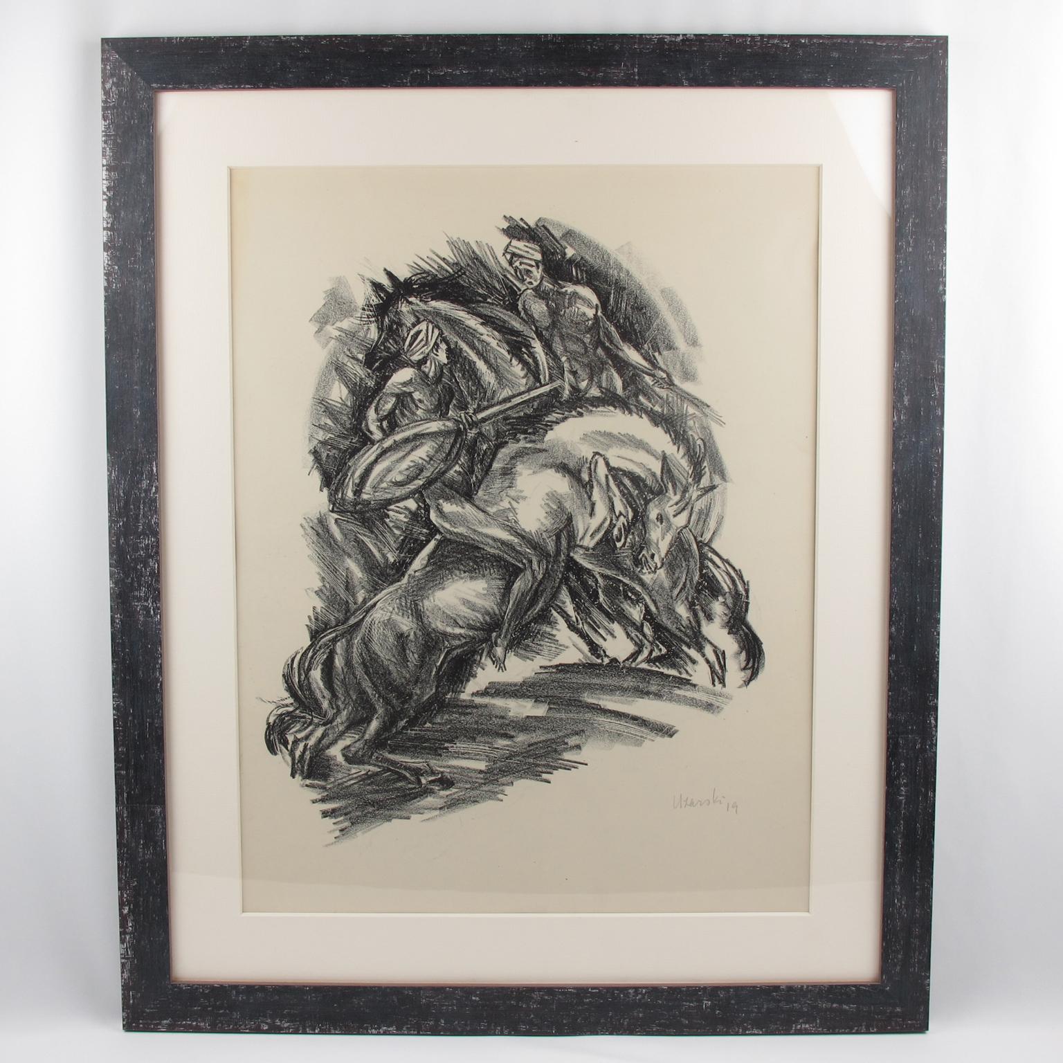 Art Deco Fantasy Illustration Charcoal Drawing Lithograph by Adolf Uzarski For Sale 9