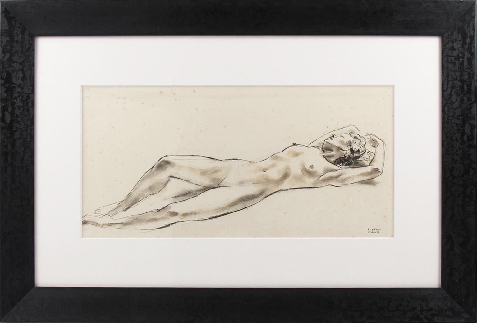 Interesting ink-wash nude woman study by French painter Robert Cami (1900-1975). In between drawing and painting, the Lavis process consists of the use of a pigment diluted in the water, especially the ink, then applied with a brush.
The work