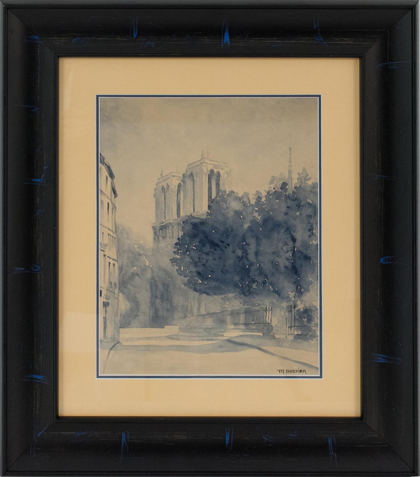 This lovely blue watercolor painting is by M. Godier, France (20th Century). The artwork is signed in the bottom right corner. The composition features an unusual representation of the Notre Dame de Paris Cathedral view from a nearby street traced