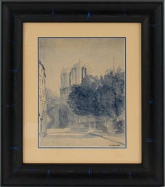 Peinture à l'aquarelle bleue de la cathédrale Notre Dame de Paris de M. Godier