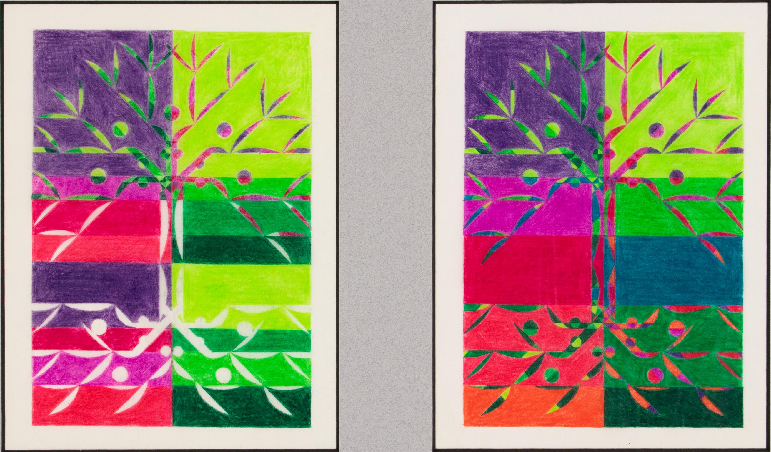 These stunning original project drawings, hand-painted with colored pencil on translucent tracing paper were designed by a French artist, circa the 1960s. The two paintings feature a geometric study of trees in color variations. There is no visible