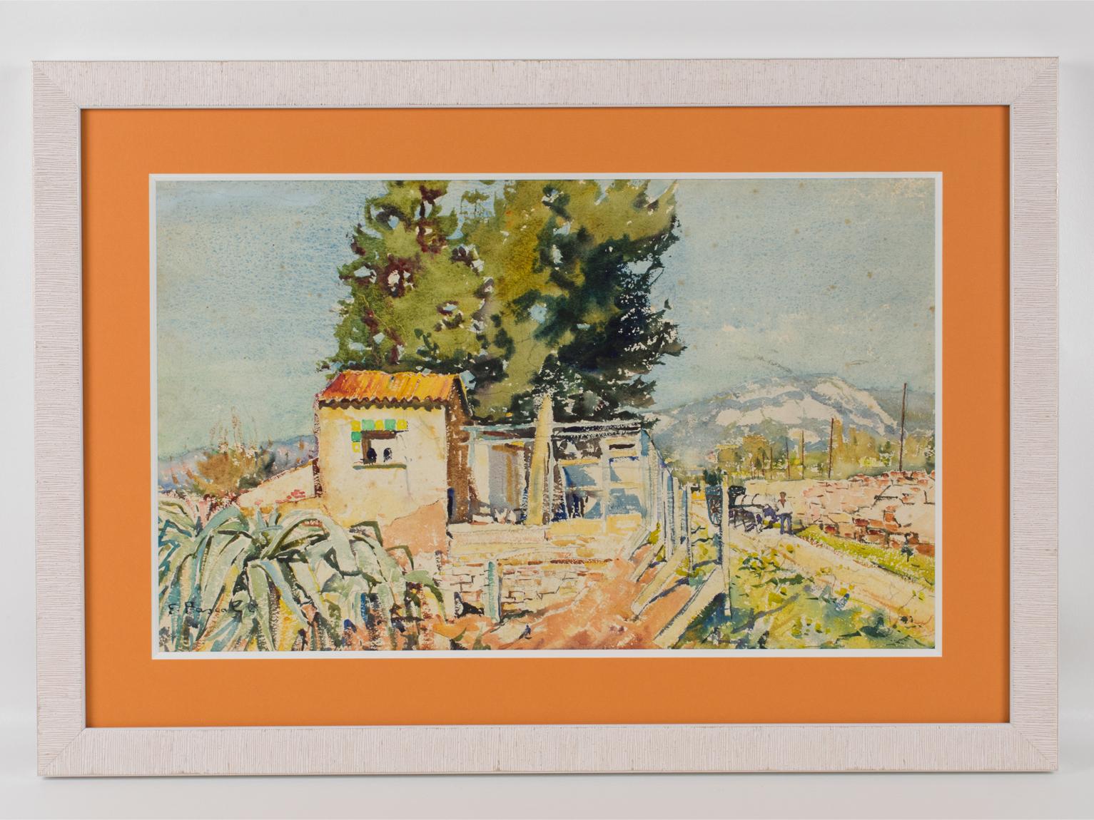 Peinture à l'aquarelle - Paysage de Provence par François Pascal - Beige Landscape Painting par Francois Pascal