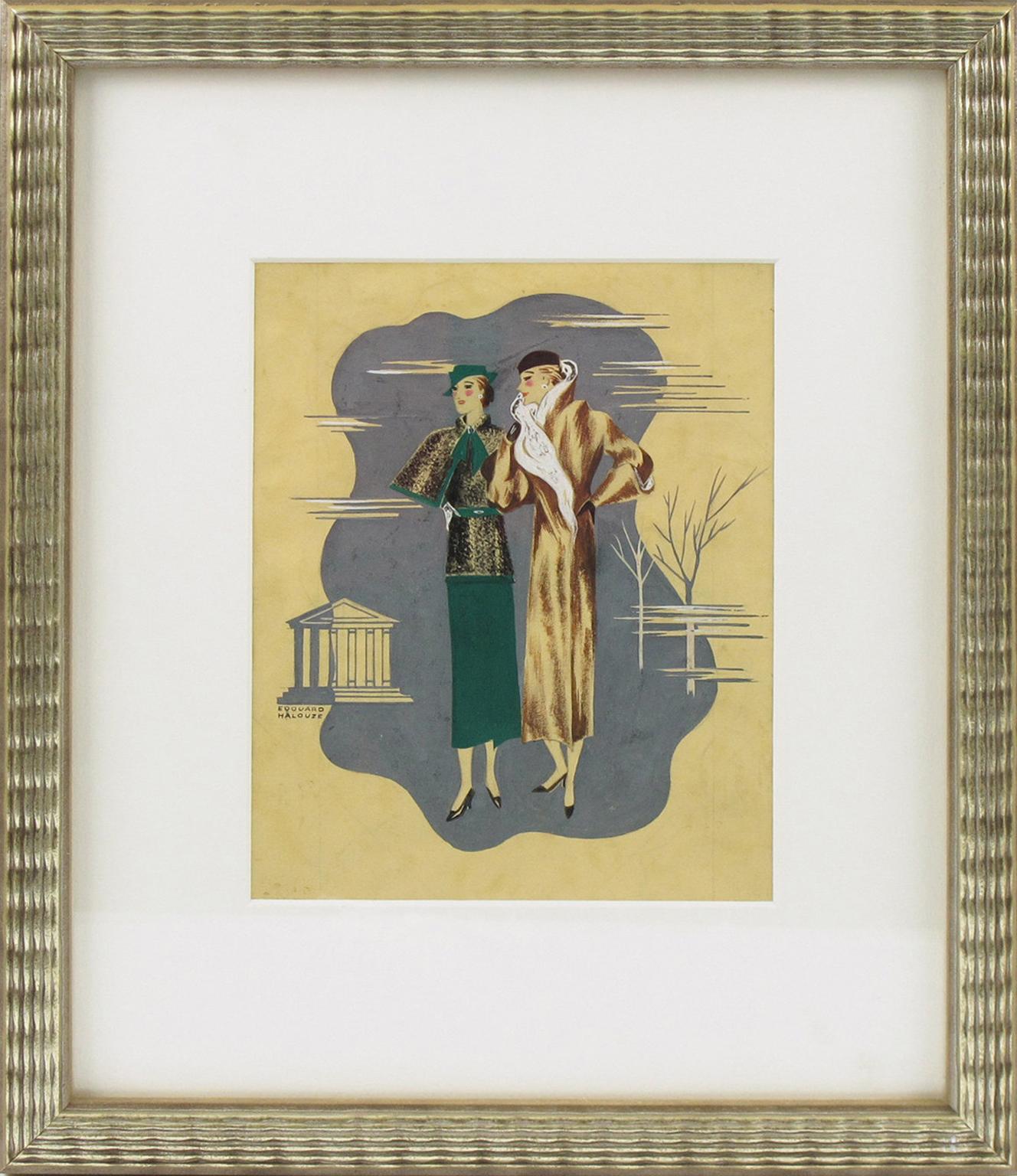 Il s'agit d'un dessin d'illustration original Art déco, peint à la main à l'encre et à la gouache sur papier, conçu par l'artiste français Edouard Halouze. L'œuvre d'art présente deux mannequins féminins élégants avec des tenues élégantes. La pièce