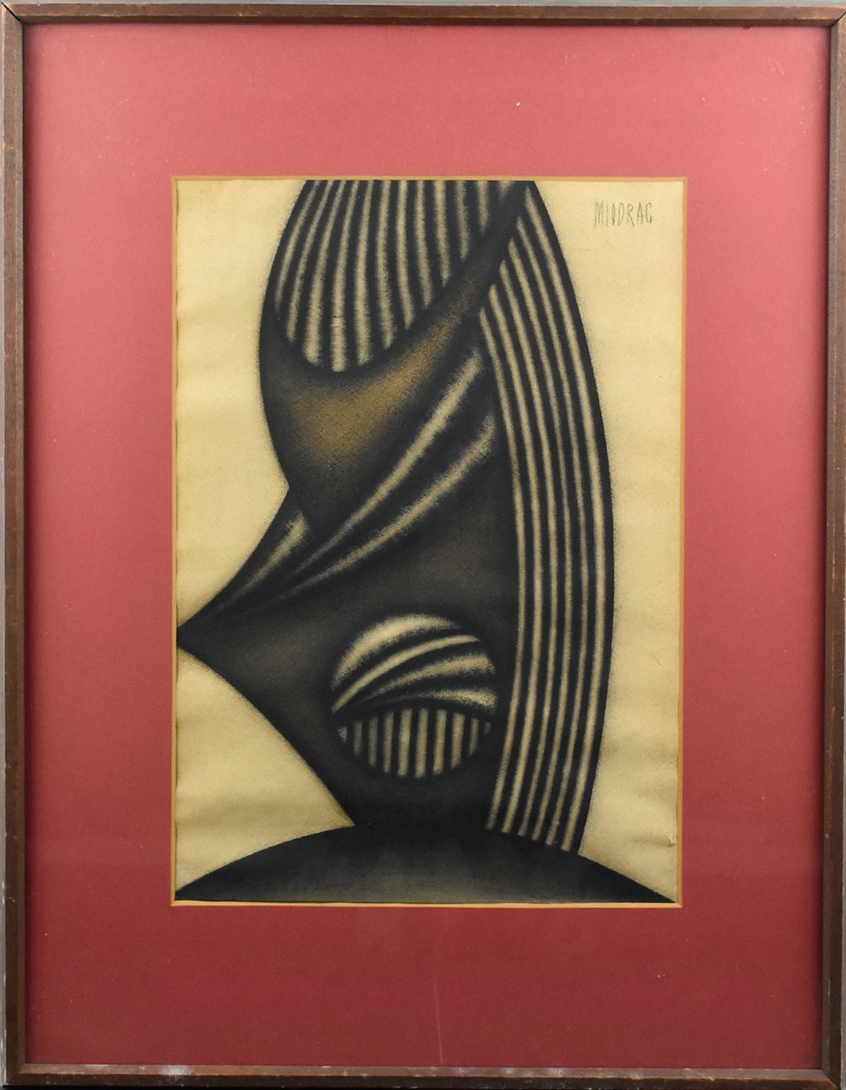 Serbian artist Dordevic (or Djordjevic) Miodrag (1936 -), known as "Miodrag," designed this stunning abstract drawing. This work is a charcoal on paper depicting a brutalist abstract form with geometric influence. With minimalist interpretation, the