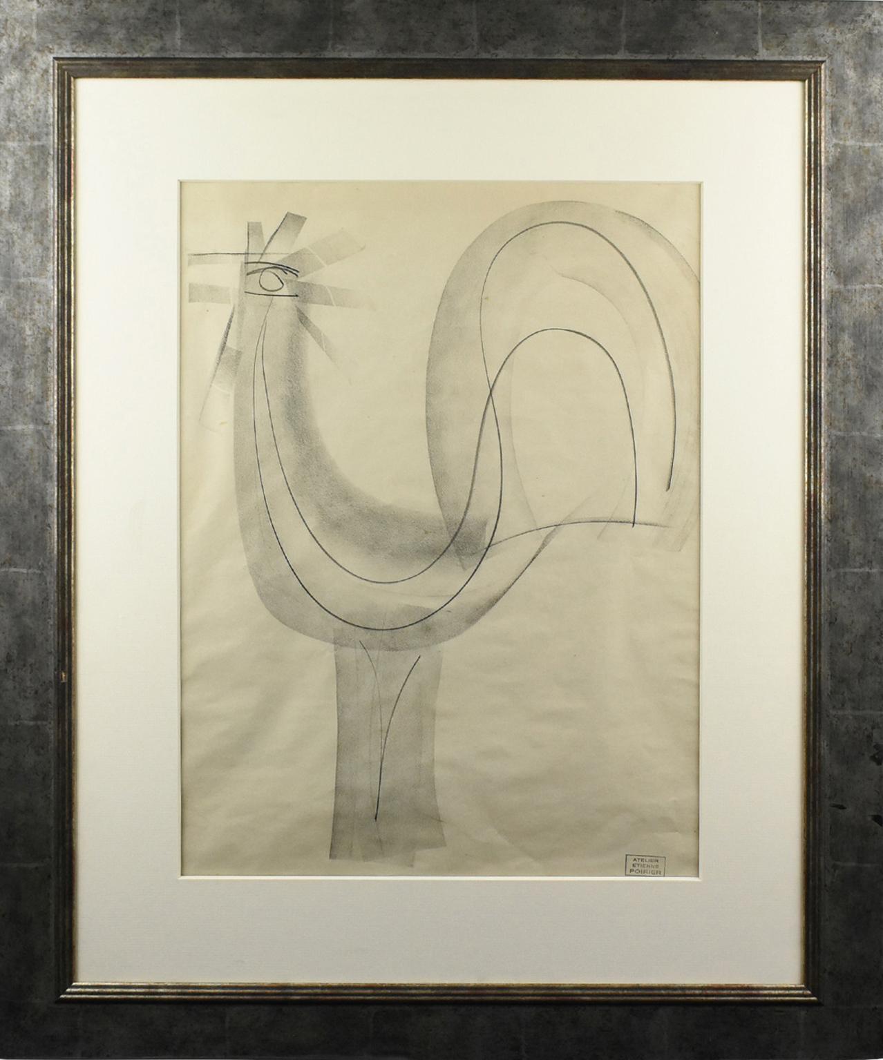 Der französische Künstler Etienne Poirier (1919-2002) entwarf diese beeindruckende modernistische Zeichnung. Dieses Werk ist eine Komposition aus Kohle auf Papier, die einen stolzen Hahn darstellt. Diese Komposition ist minimalistisch, da nur wenige
