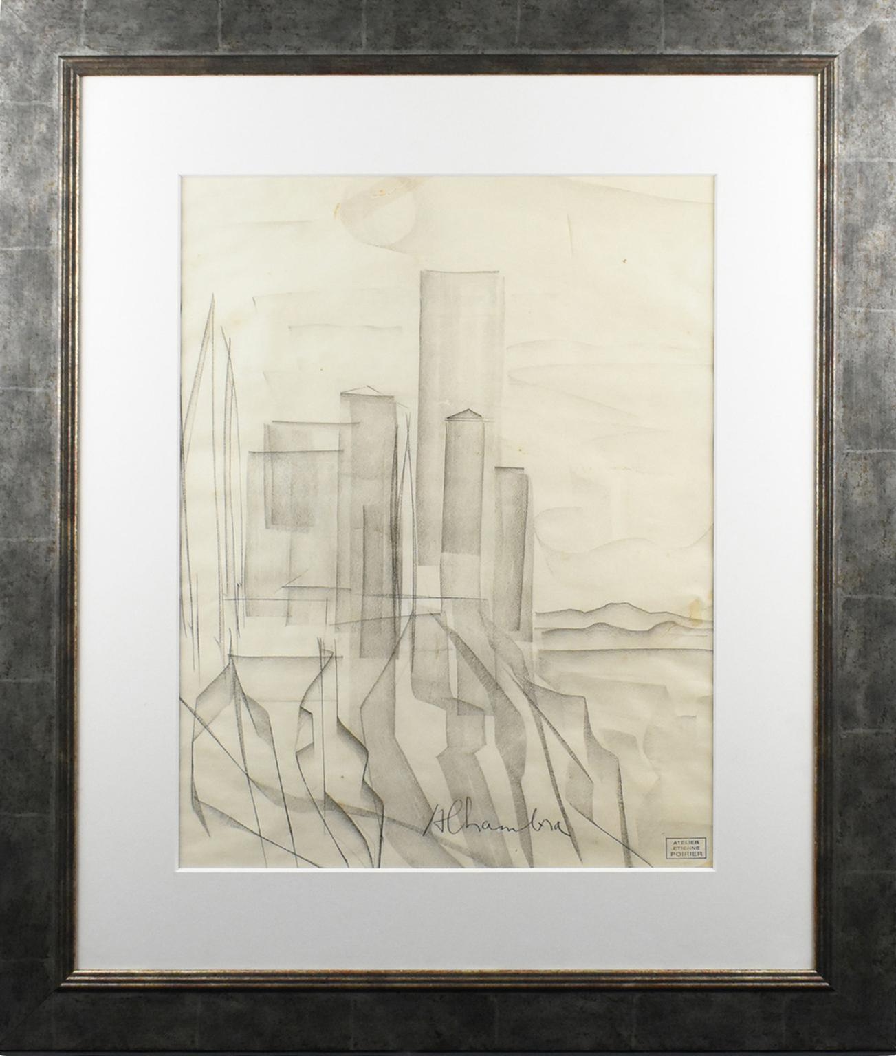 A stunning charcoal drawing by French artist Etienne Poirier (1919 - 2002). This work is a charcoal-on-paper composition depicting an interpretation of the famous Alhambra Palace in Granada, Spain. This minimalist composition boasts only a few lines