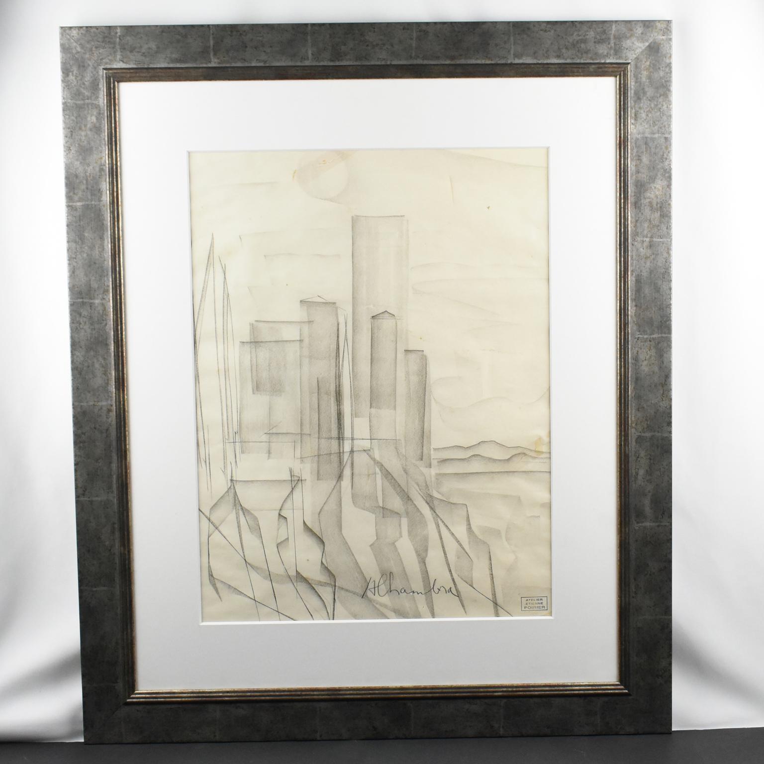 Alhambra Castle in Spain, Charcoal Drawing by Etienne Poirier For Sale 10