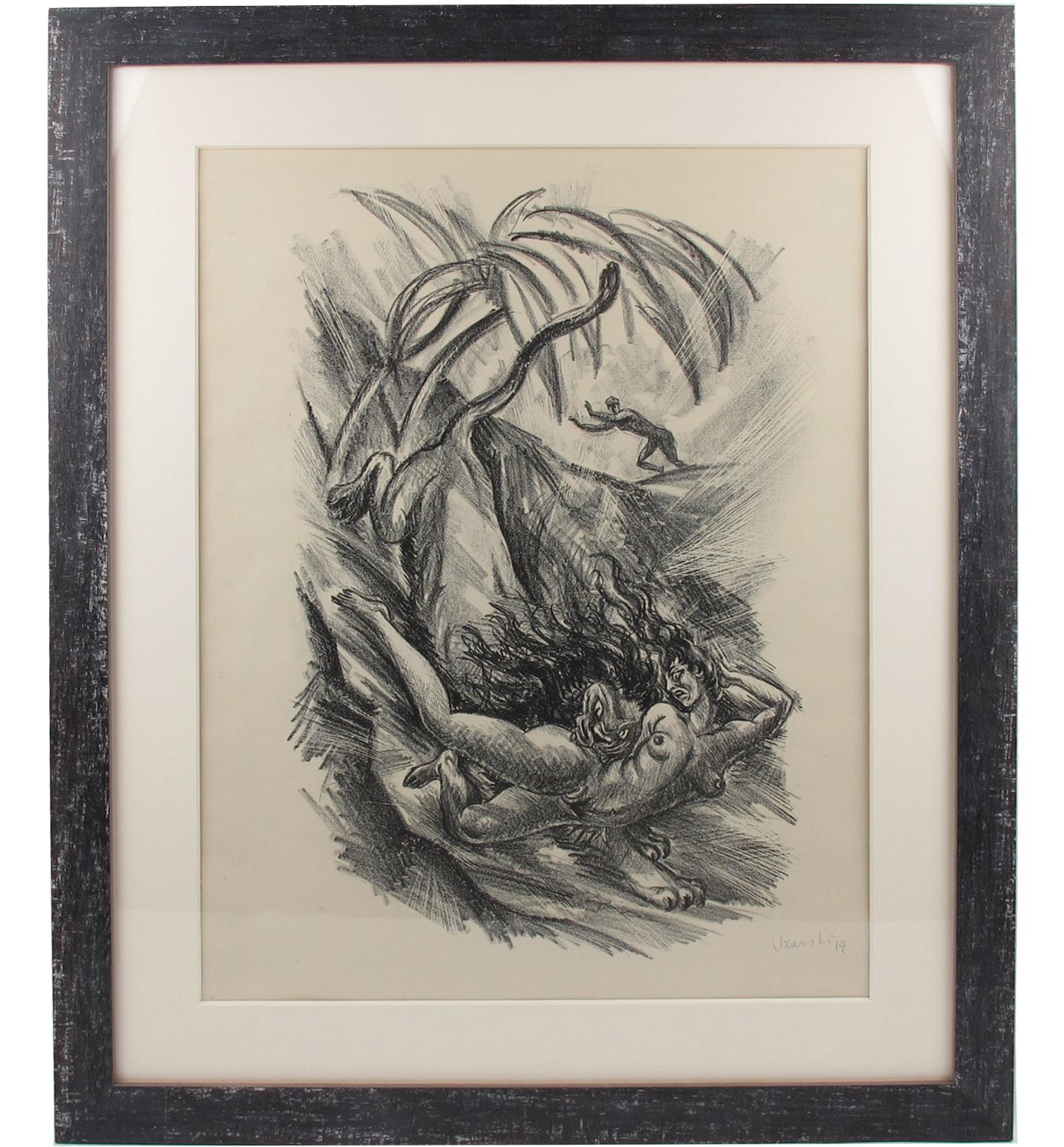 Art Deco Fantasy Charcoal Drawing Lithograph Print by Adolf Uzarski For Sale 2