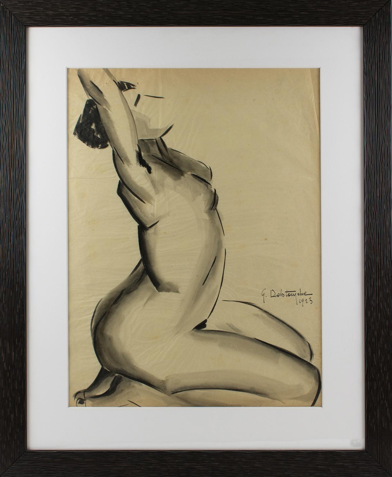 Stunning woman nude pencil study by Russian painter G. Debotoiyche (20th Century). The representation is very modernistic, with only a few lines drawn to render the whole movement and capture the model's expression.
Carbon pencil drawing on tracing