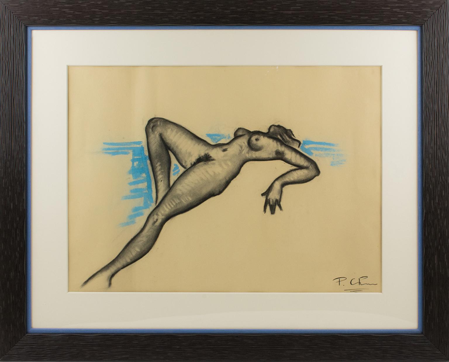 Alexandre Pavlovitch Chemetoff Nude Painting - Female Nude Study Black and Blue Pencil Drawing by P. Chem