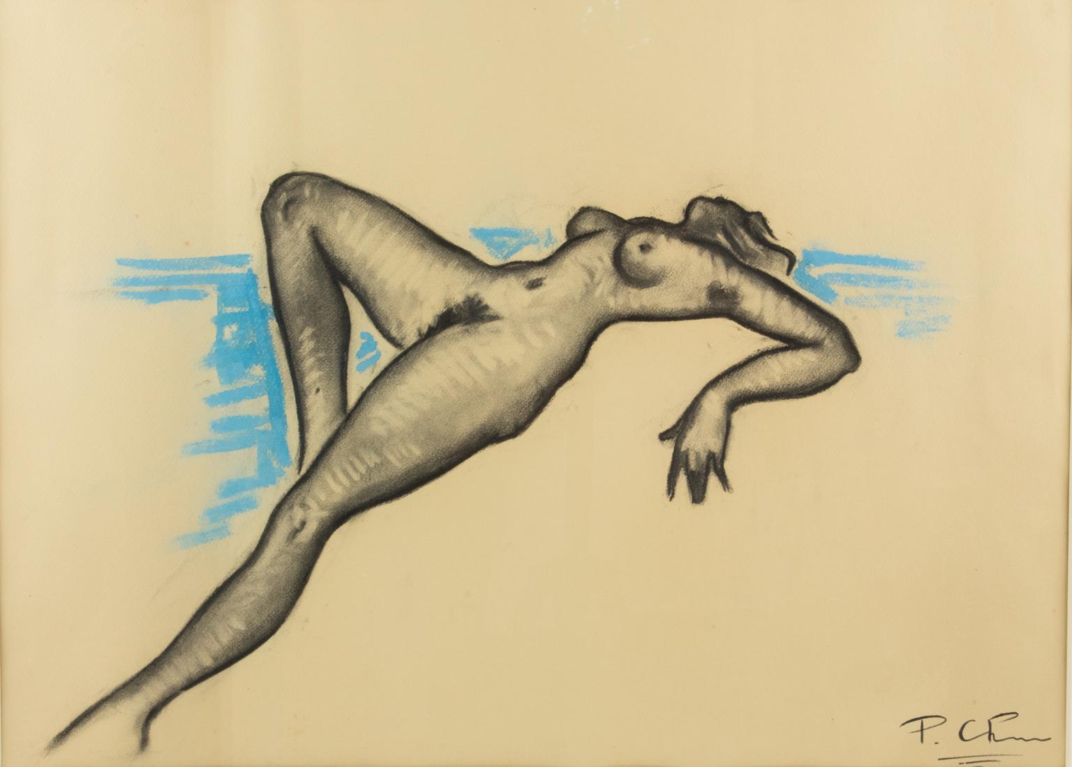 Female Nude Study Black and Blue Pencil Drawing by P. Chem For Sale 2