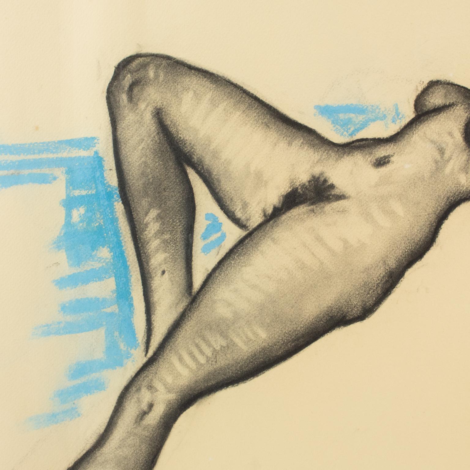 Female Nude Study Black and Blue Pencil Drawing by P. Chem For Sale 4