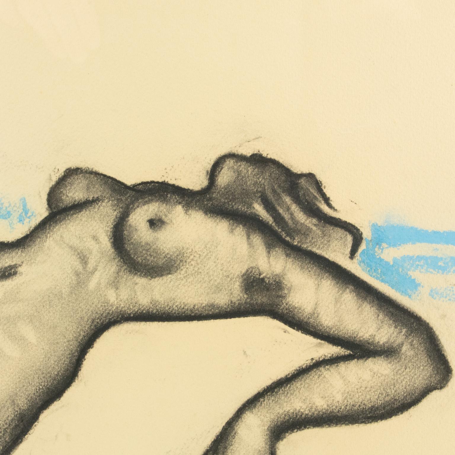 Female Nude Study Black and Blue Pencil Drawing by P. Chem For Sale 5