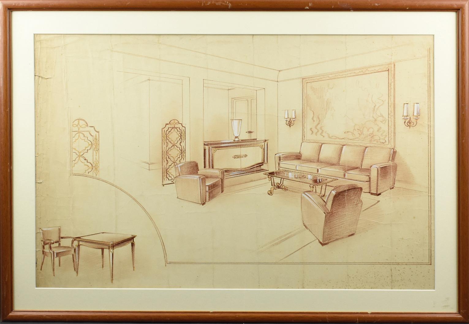 Interior Art Maurice Dufrêne - Projet d'étude de décoration intérieure française par Maurice Dufrene Studio, années 1940
