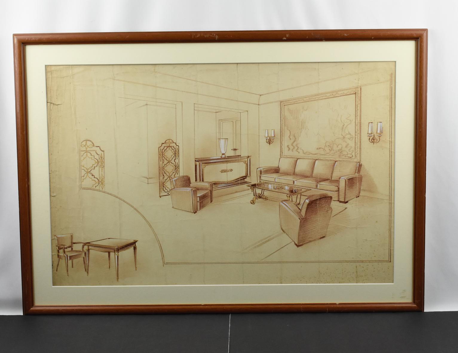 Projet d'étude de décoration intérieure française par Maurice Dufrene Studio, années 1940 en vente 1