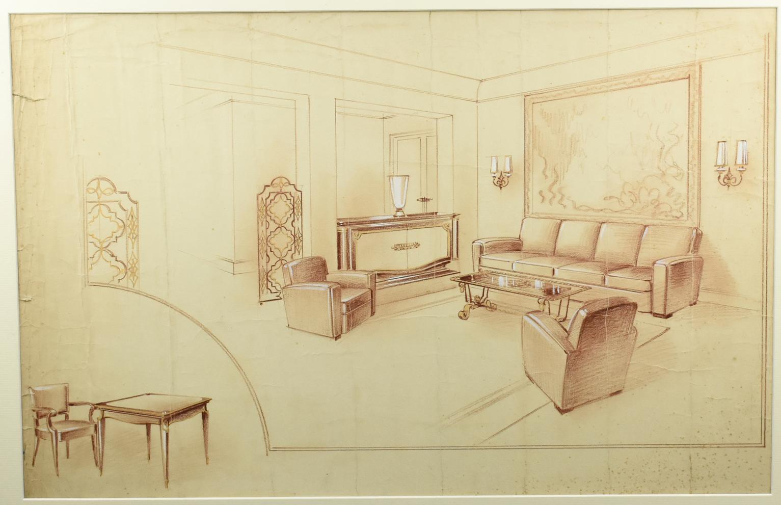 Projet d'étude de décoration intérieure française par Maurice Dufrene Studio, années 1940 en vente 2