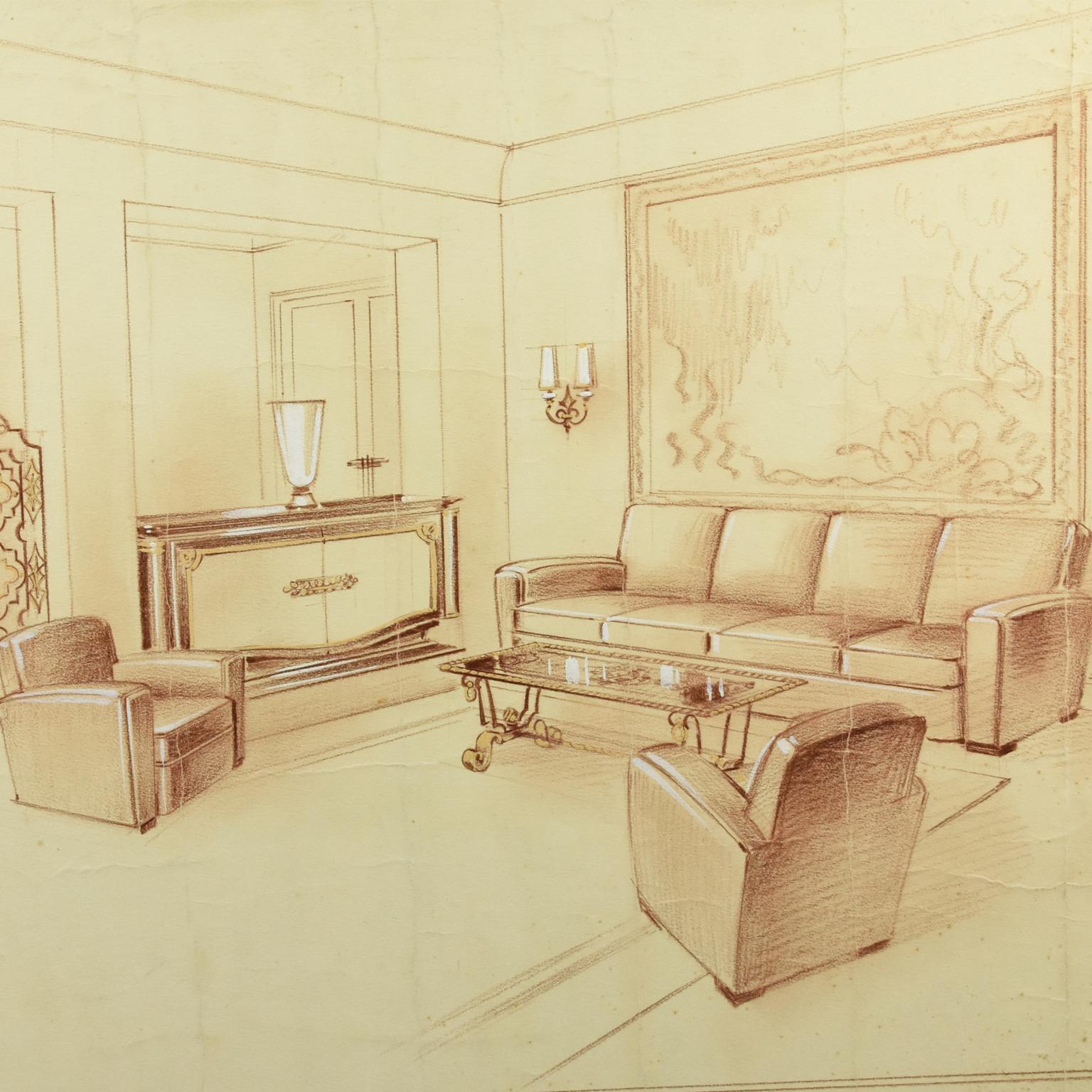Projet d'étude de décoration intérieure française par Maurice Dufrene Studio, années 1940 en vente 3