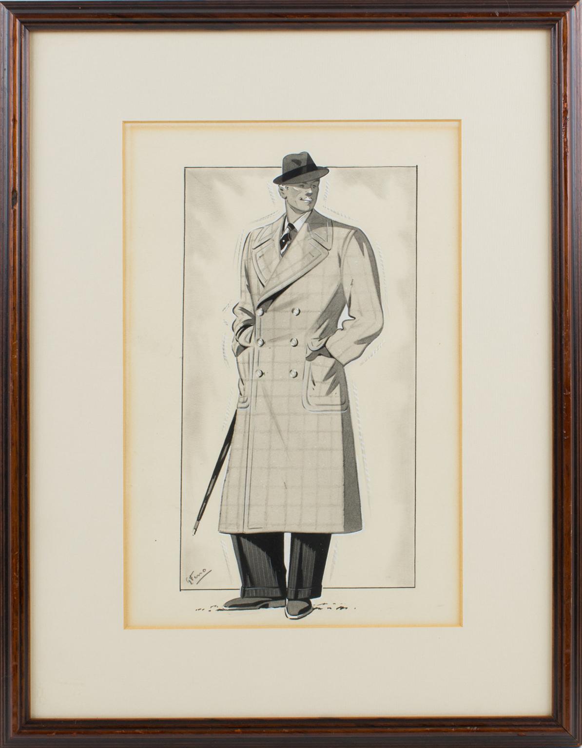 Original Art Deco fashion drawing, ink, and wash on Vellum paper by French artist G. Ferro. The artwork features a stylish male model with a typical Art Deco overcoat. The piece is signed G. Ferro in the bottom left corner. 
This image was probably