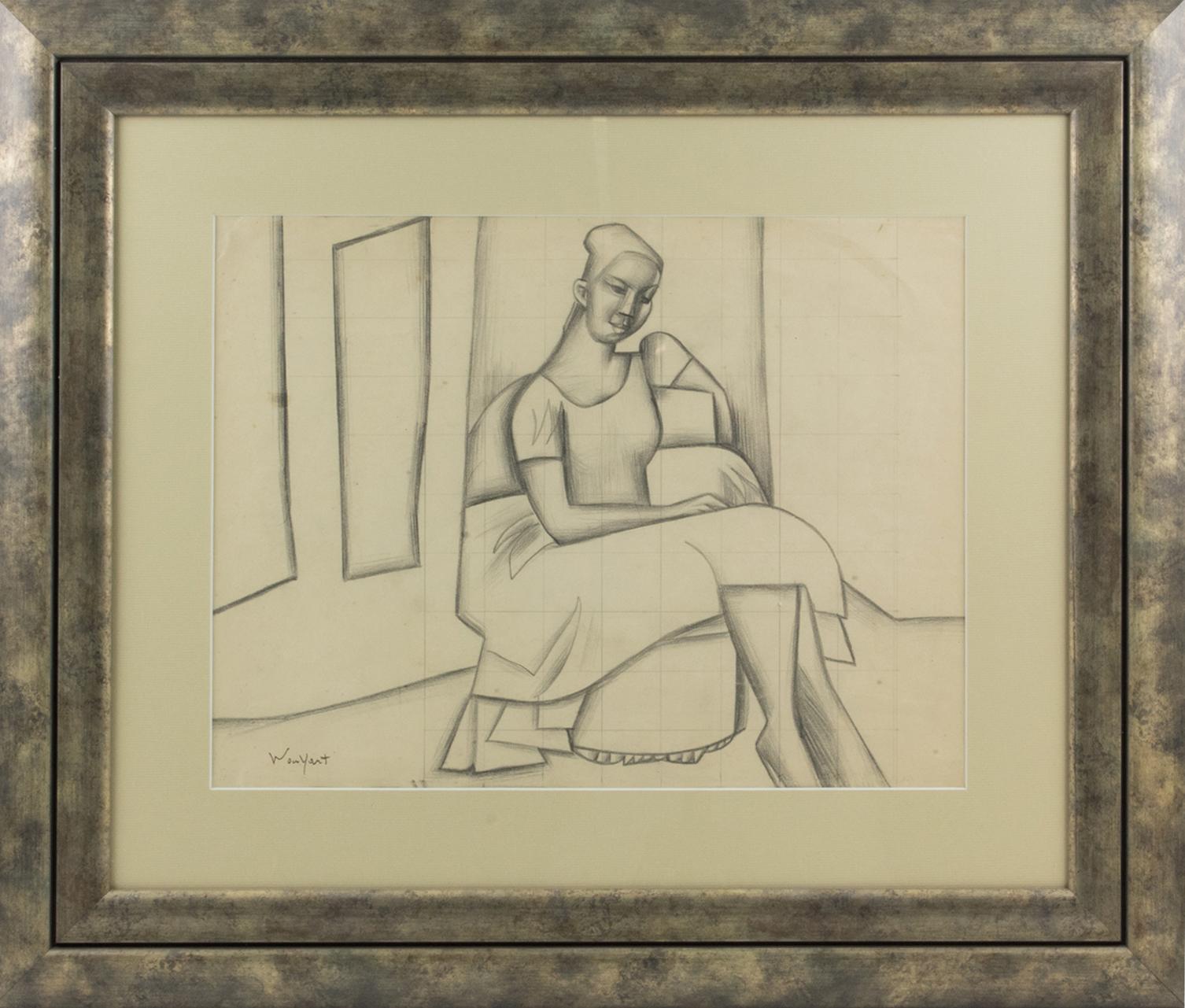 Dessin de femme cubiste d'étude au crayon noir par Wouyart