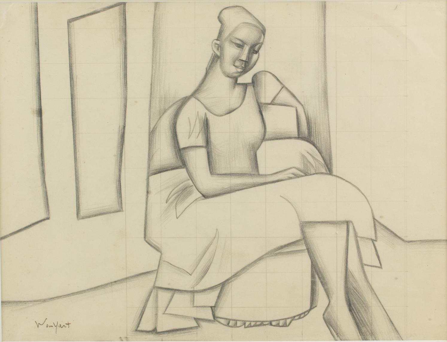 Cubist Woman Study Black Pencil Drawing by Wouyart For Sale 6