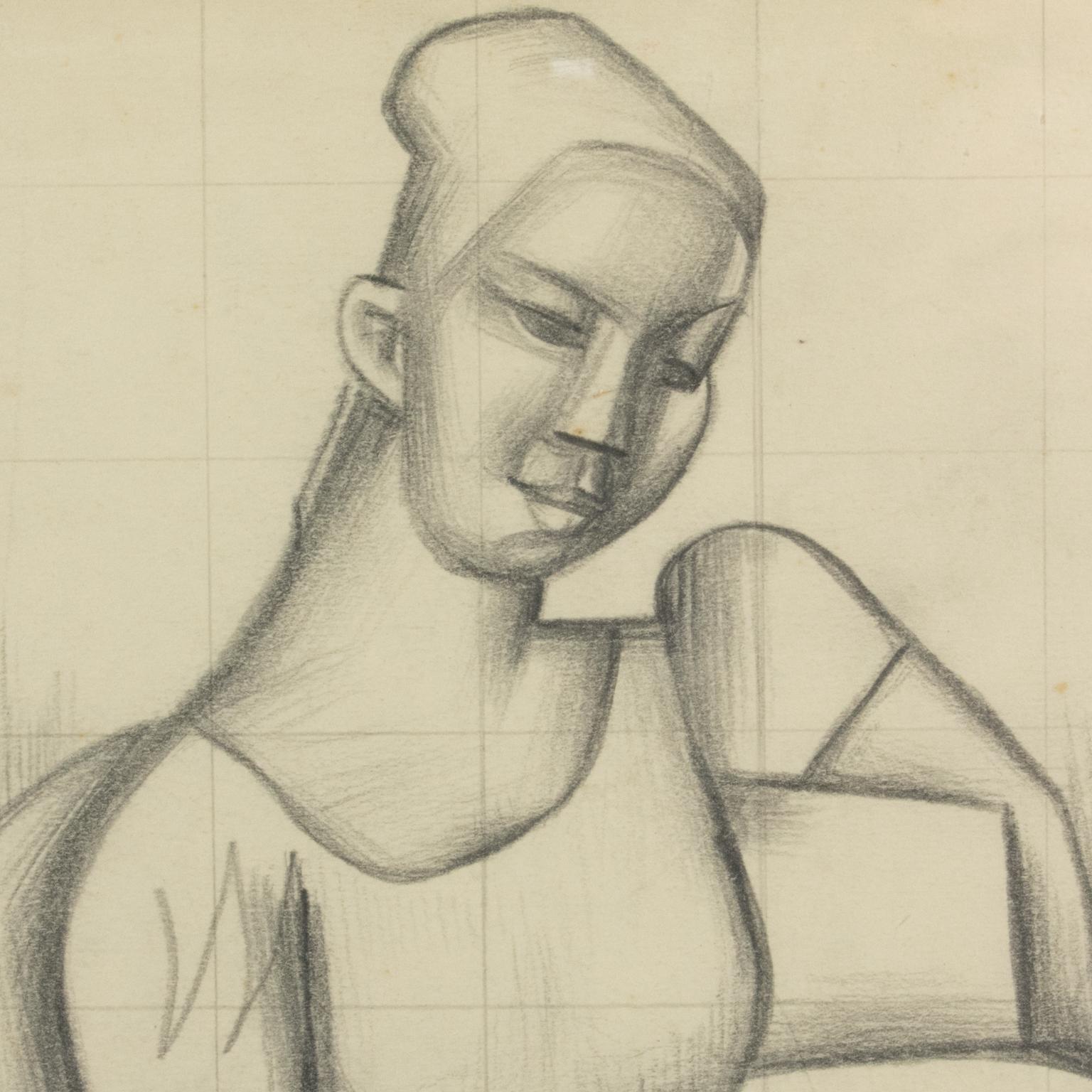 Cubist Woman Study Black Pencil Drawing by Wouyart For Sale 7