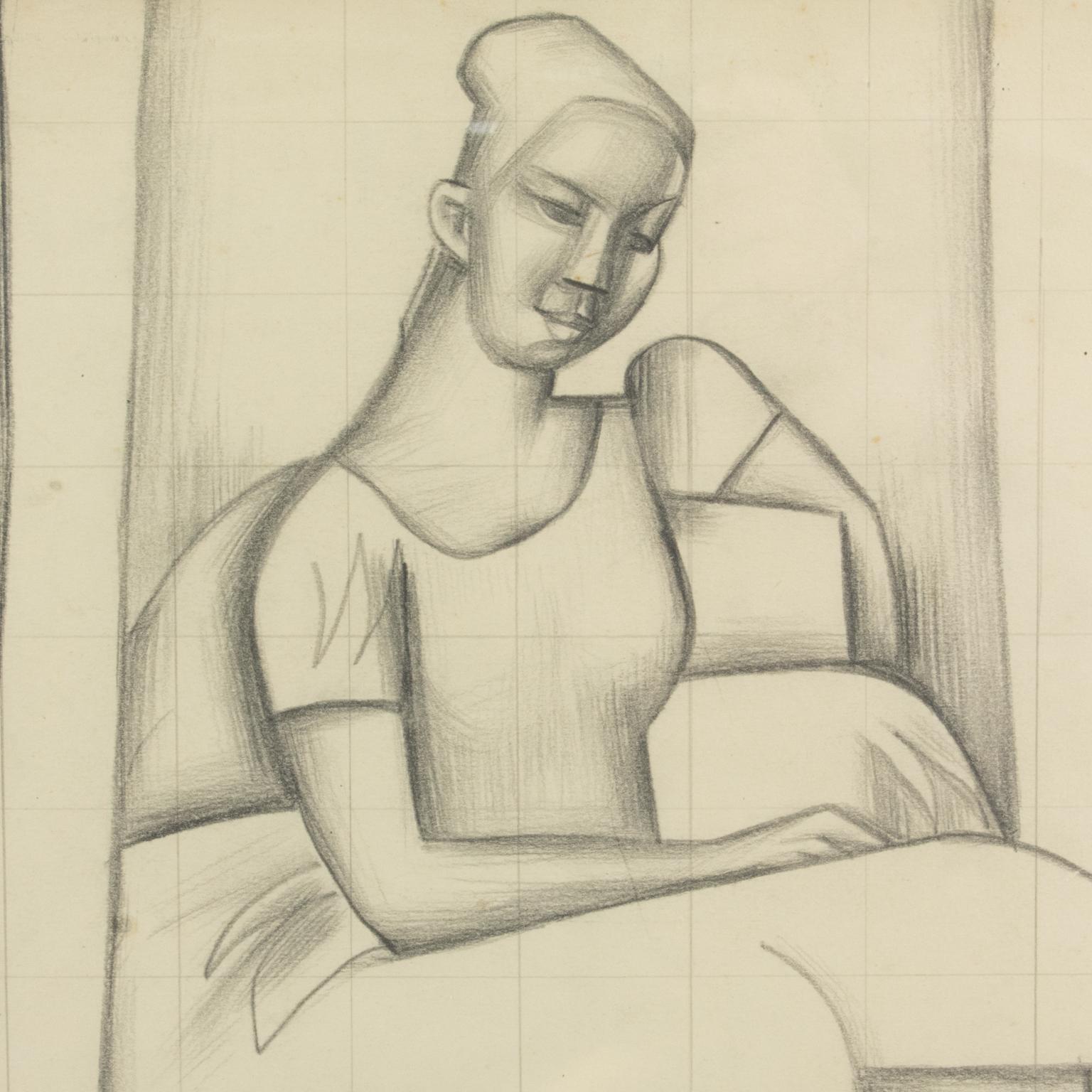 Cubist Woman Study Black Pencil Drawing by Wouyart For Sale 8