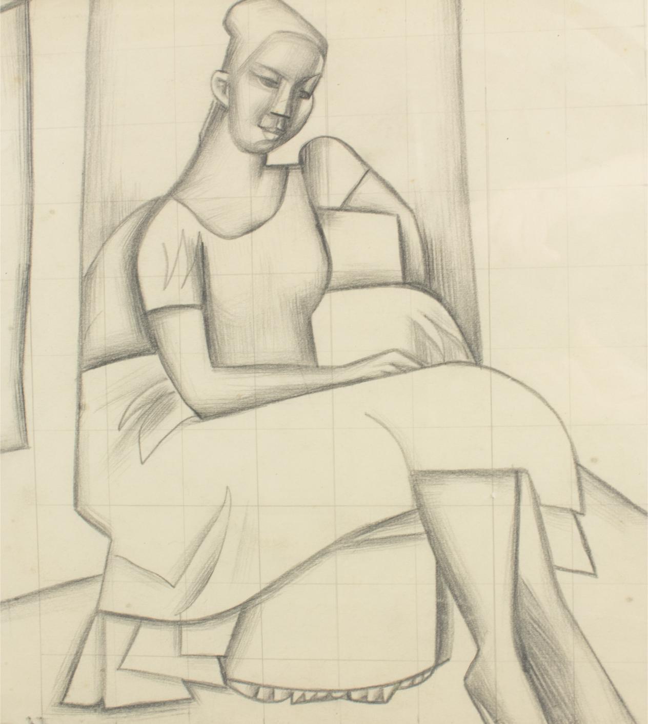 Cubist Woman Study Black Pencil Drawing by Wouyart For Sale 9