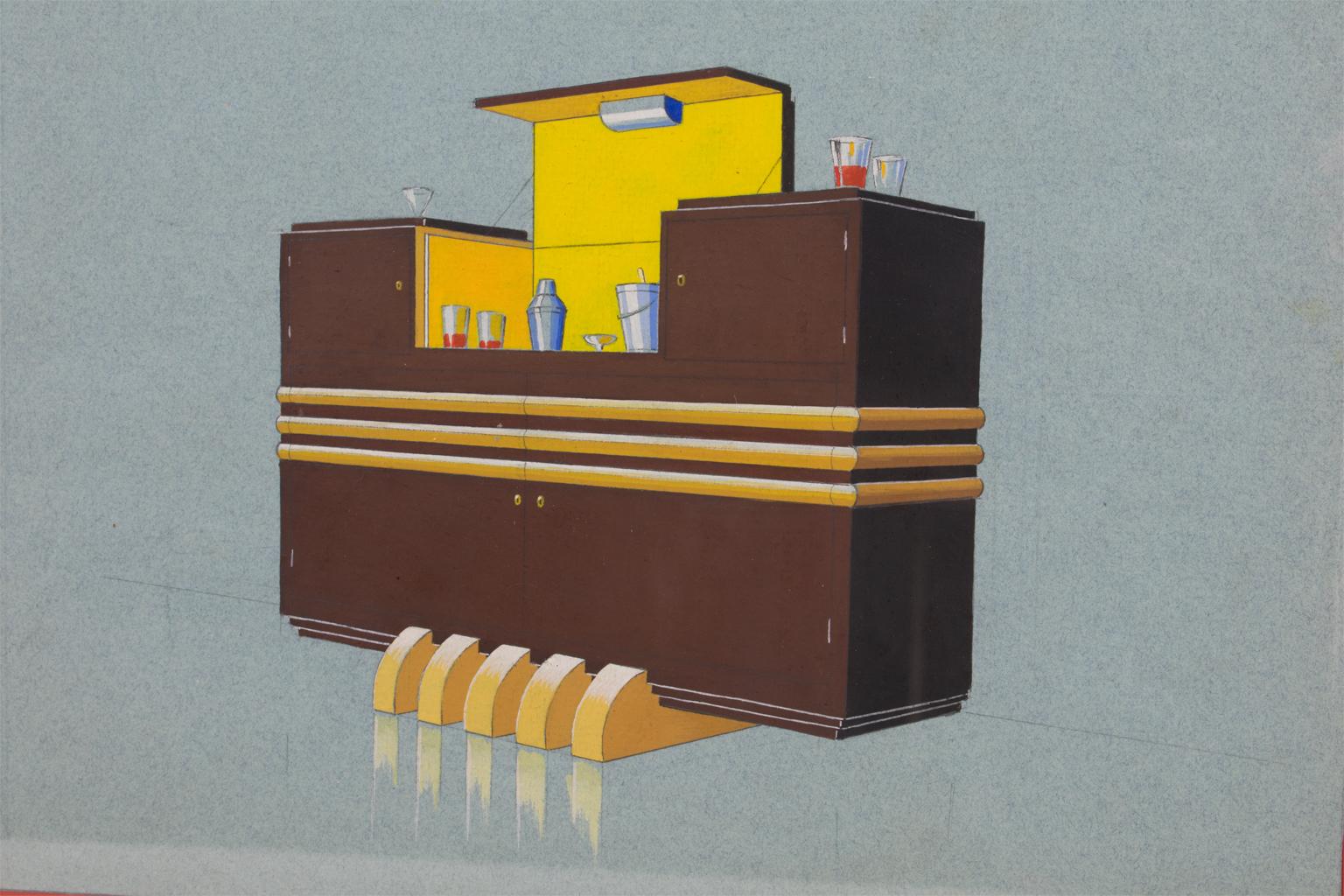 1930 Art-déco-Möbelstudie, Zeichnung des französischen L' Atelier 43 Studio, Atelier im Angebot 7