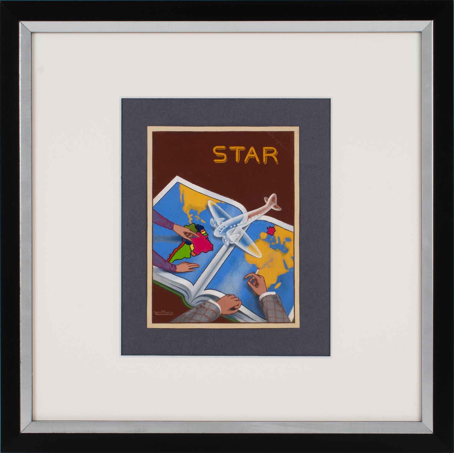 Proyecto de cartel francés Ilustración de aviación Dibujo al gouache de C. Villars