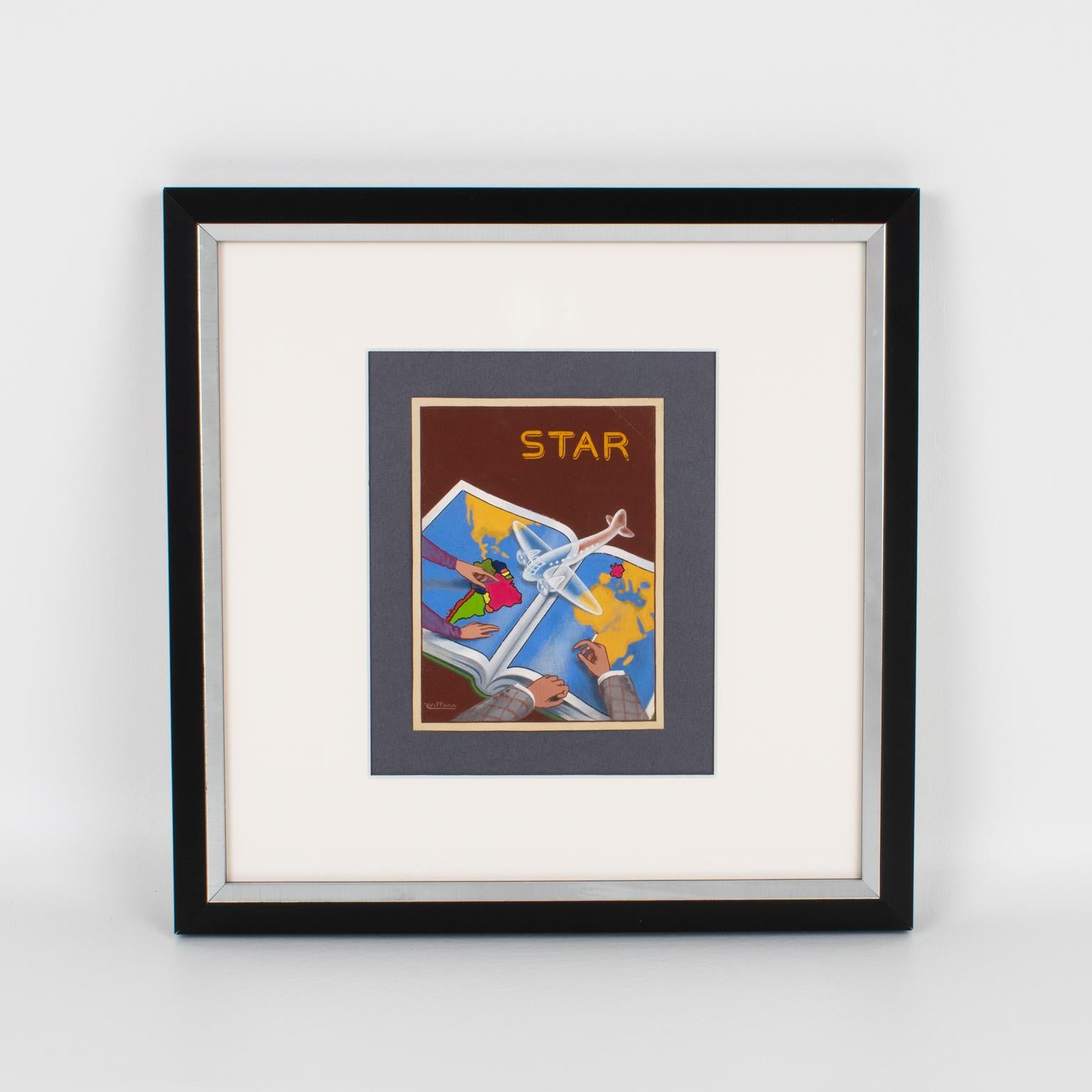 Progetto di poster francese Illustrazione dell'aviazione Disegno a guazzo di C. Villars in vendita 1