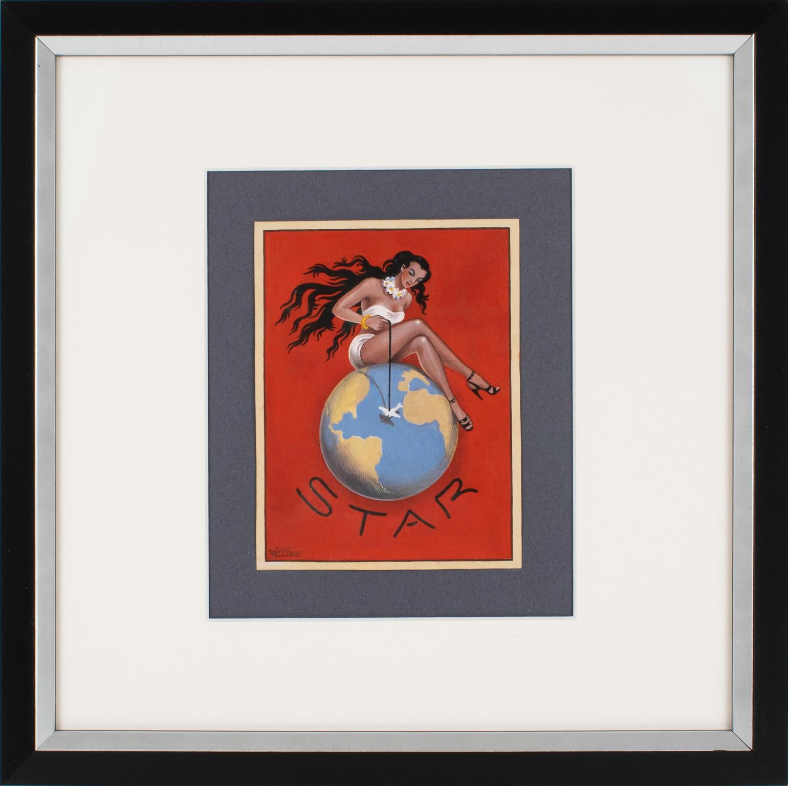 Ilustración francesa Proyecto de cartel de aviación Dibujo al gouache de C. Villars