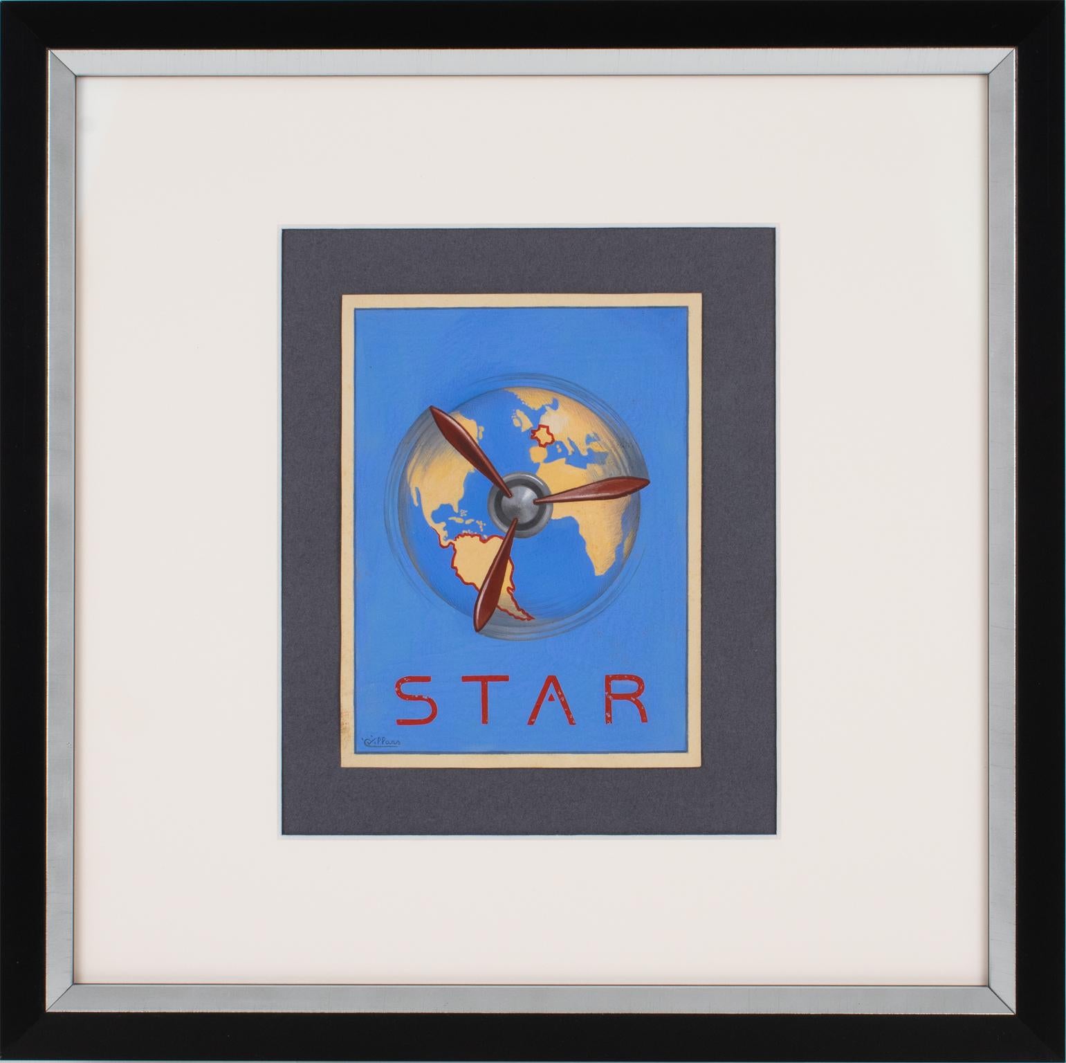 Proyecto de cartel ilustrativo de la aviación francesa Dibujo al gouache de C. Villars