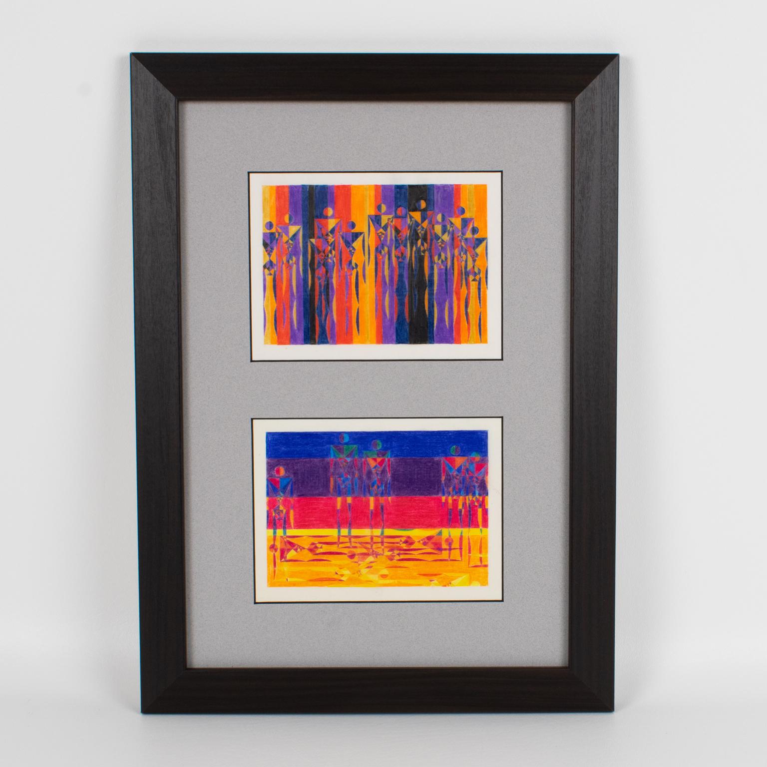 Splendidi e rari disegni originali di progetti, dipinti a mano con matite colorate su carta traslucida da un artista francese, intorno agli anni '60. I due dipinti presentano uno studio geometrico di piccoli robot con variazioni di colore. Non è