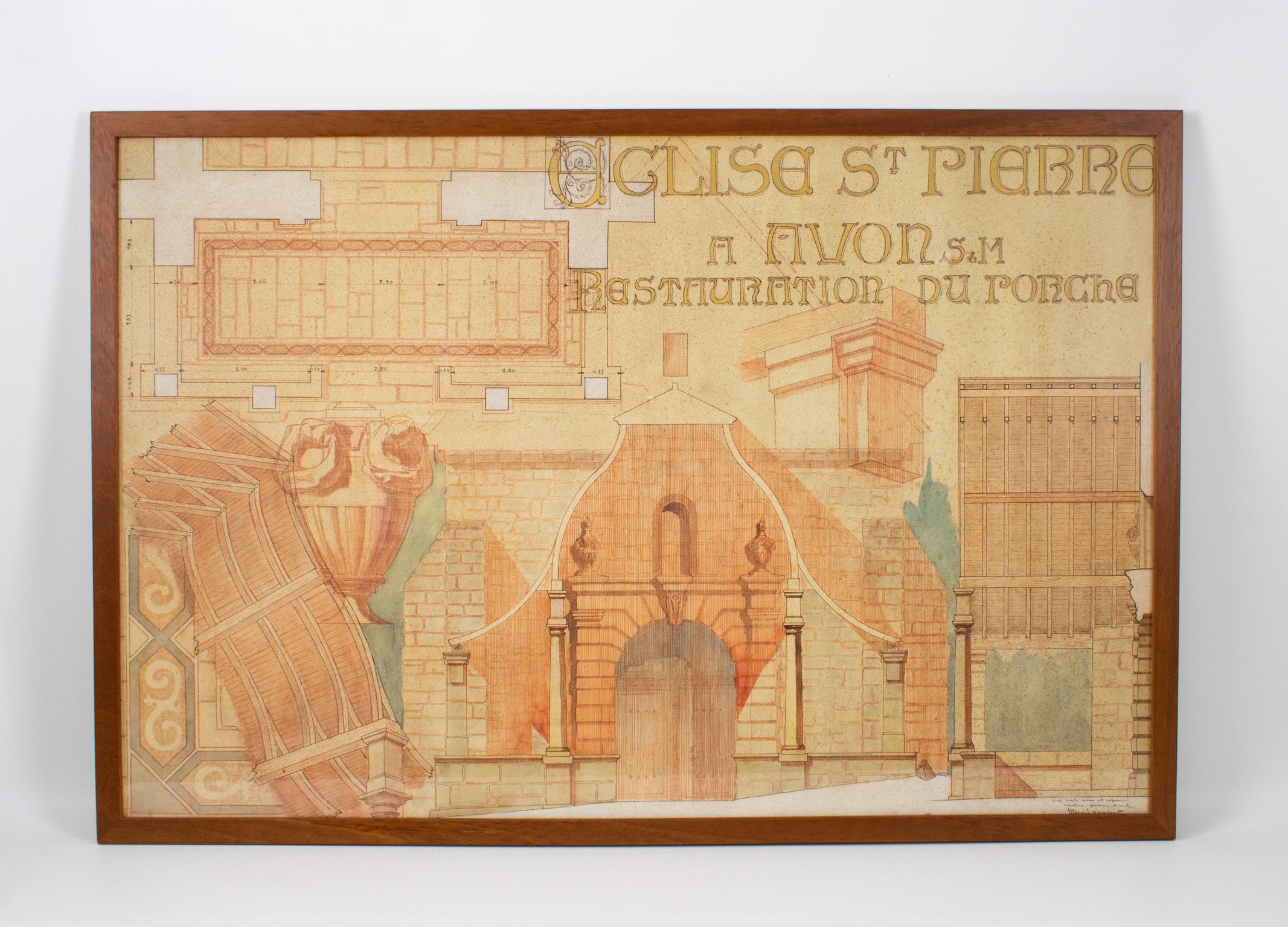 Bocetos de arquitectura Dibujo de estudio, Iglesia Romane en Francia por Maurice Lambert en venta 4